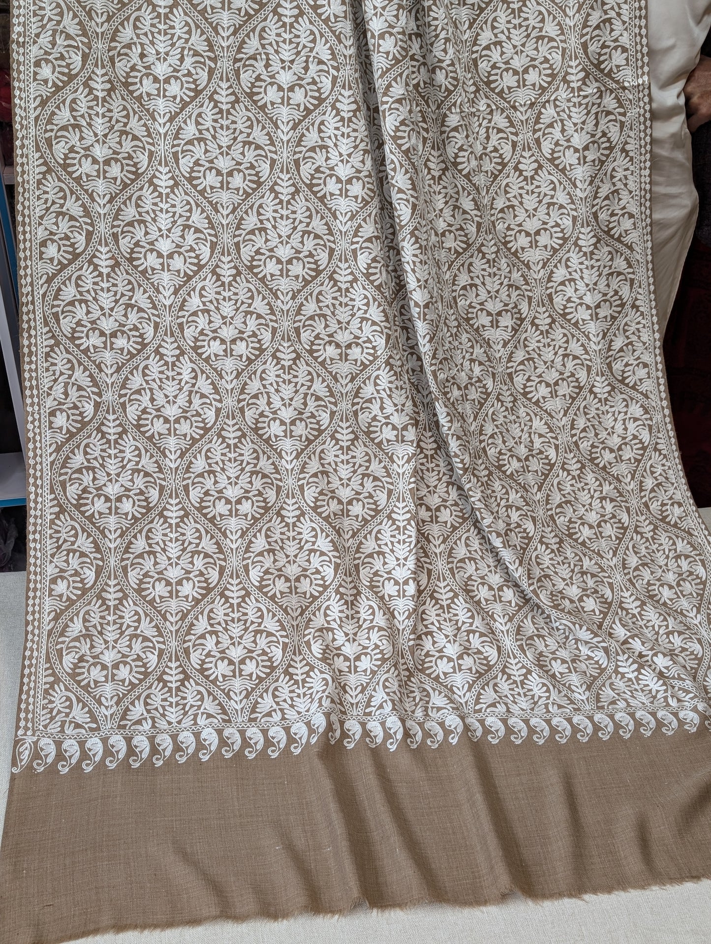 Pashmina Embroidered Shawl Matka Design | Kashmiri Aar Work Embroidery | Skin With White