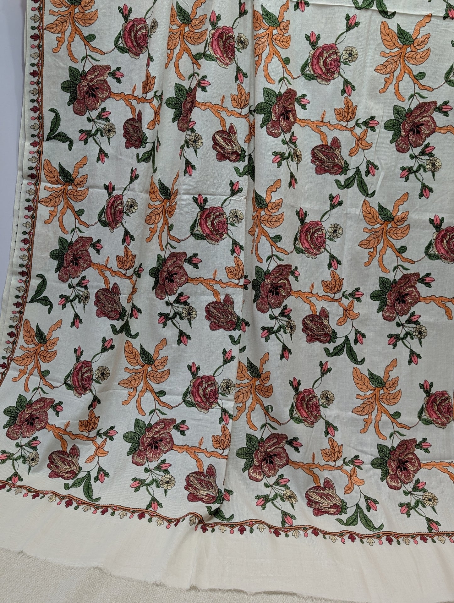 White Gulabkar Pashmina Embroidered Shawl Fancy Tilla and Thread Work Perfect Gift