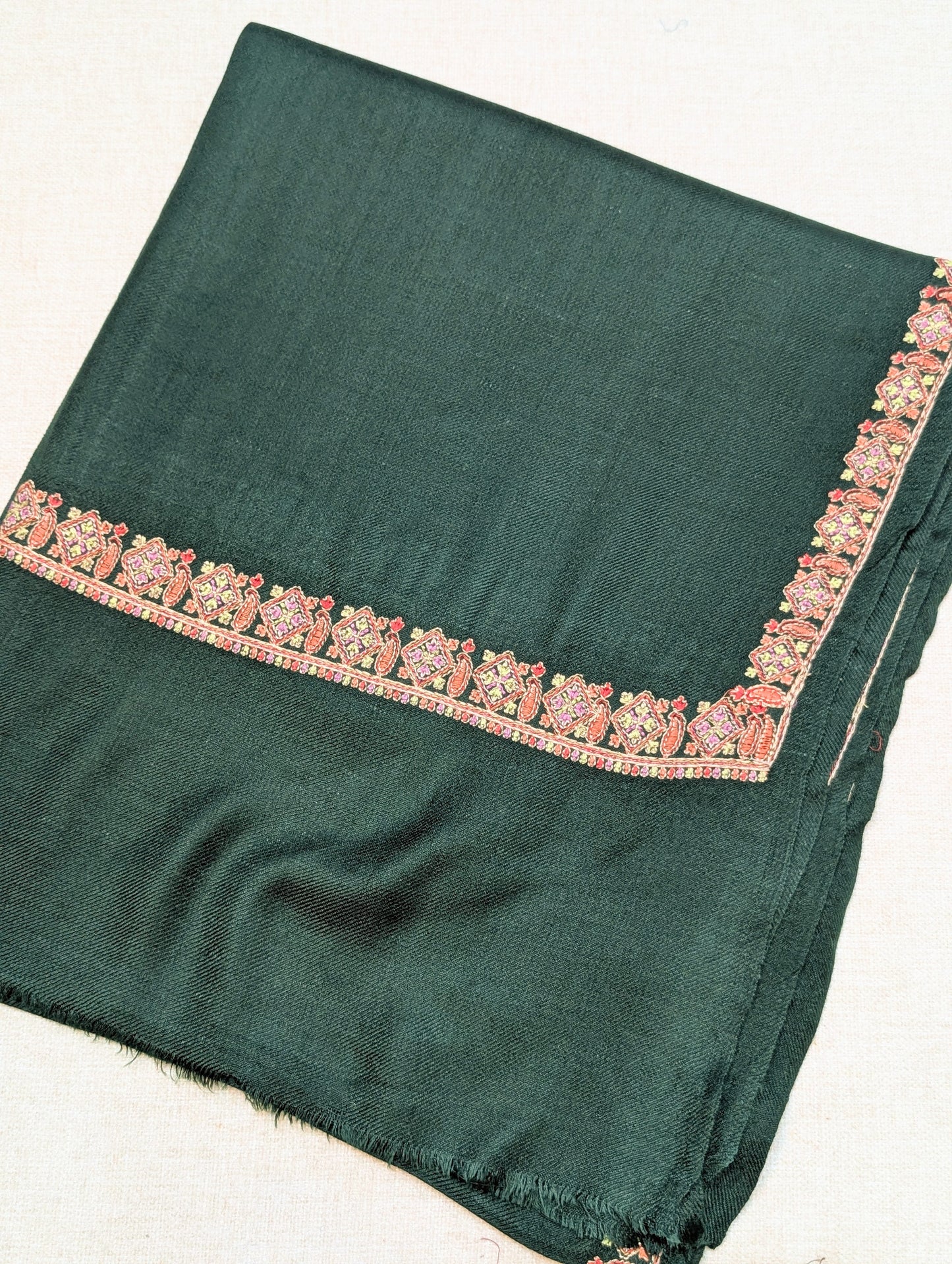 Pashmina Embroidered Stole | Hashia Border 80x28 inches | Dark Green