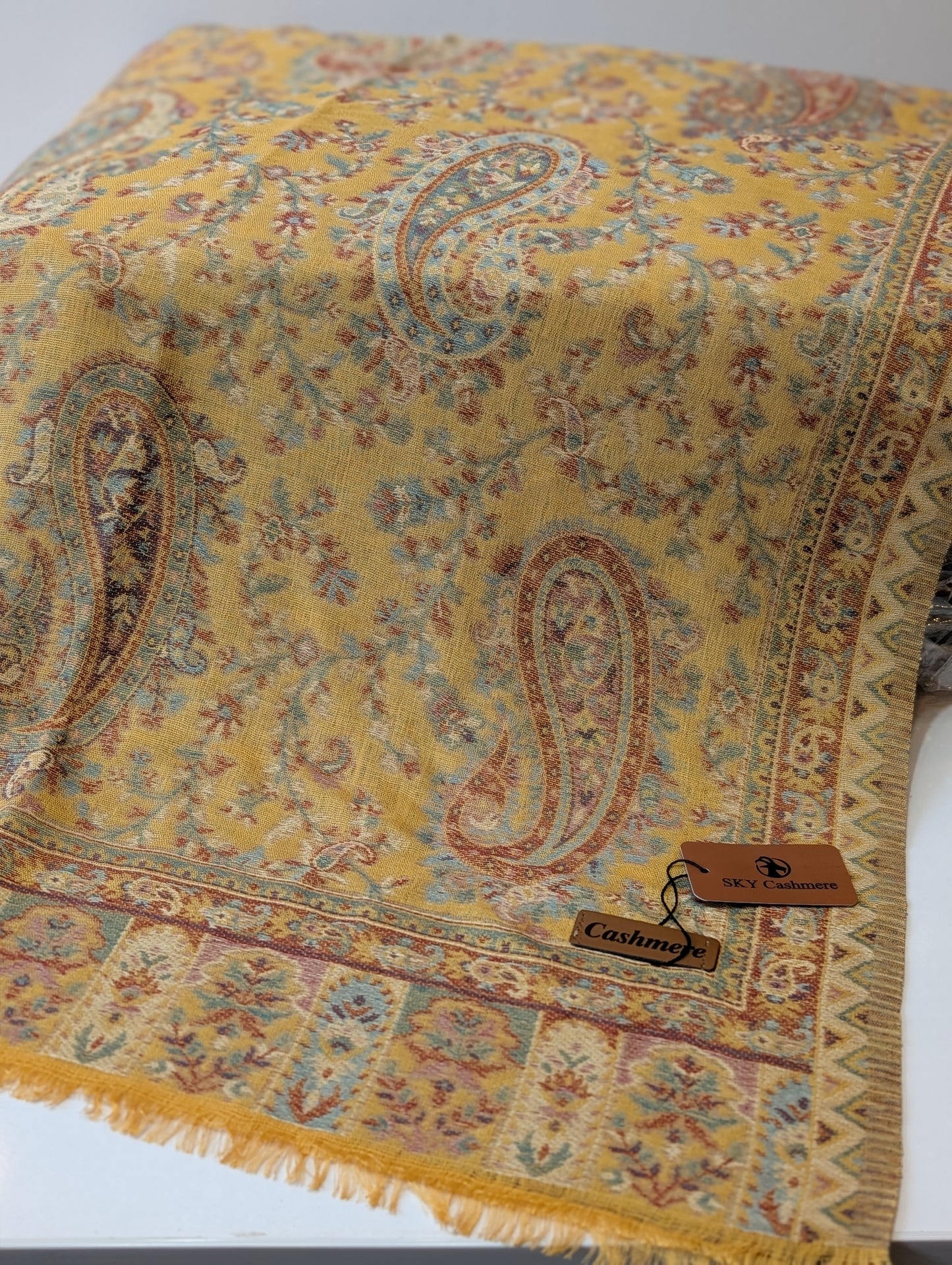 Kani Paisley Stole Sky Cashmere Acrylic Wool | Weaved Kani Wool Stole | Mustard