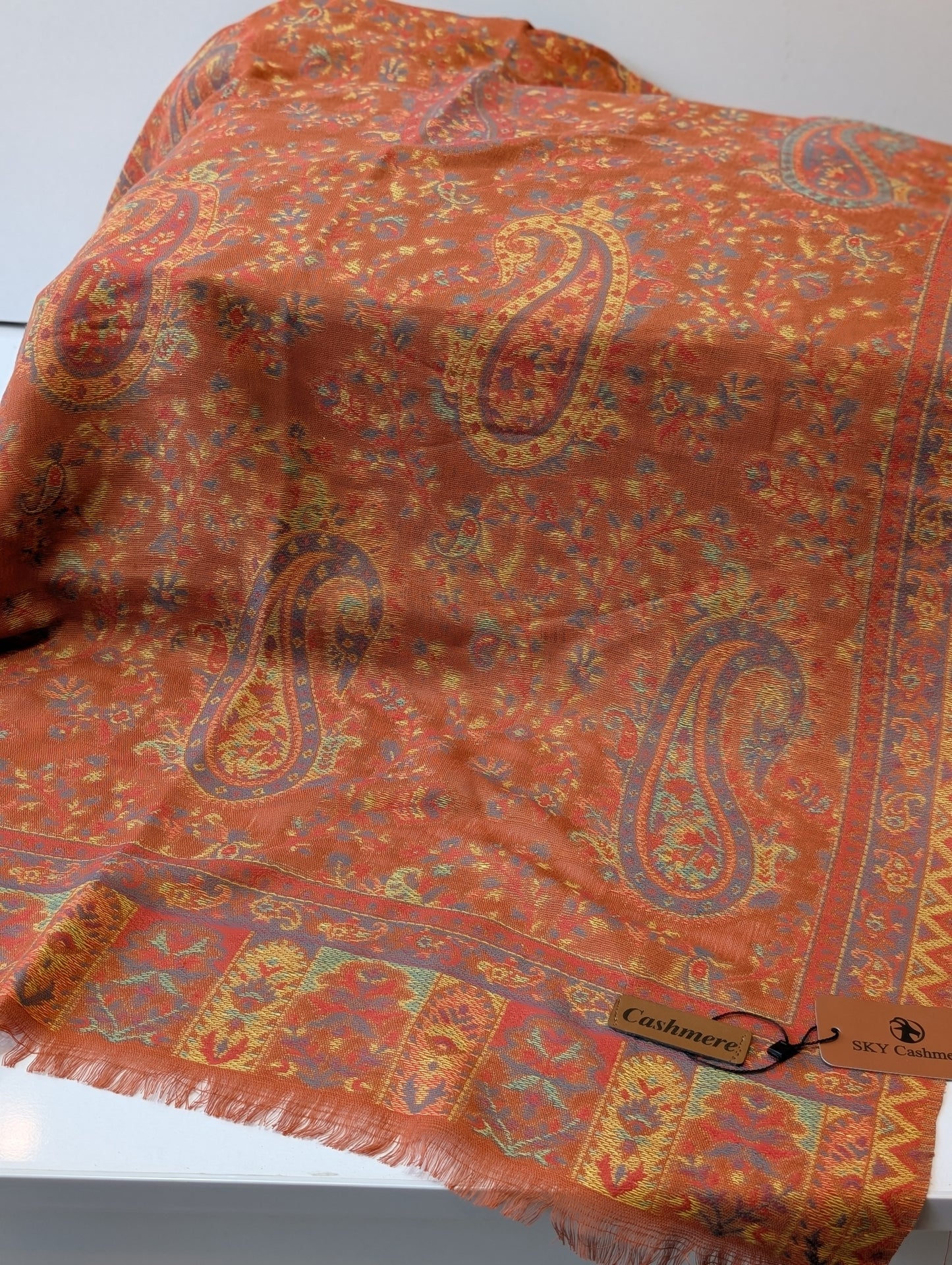 Kani Paisley Stole Sky Cashmere Acrylic Wool | Weaved Kani Wool Stole | Rust