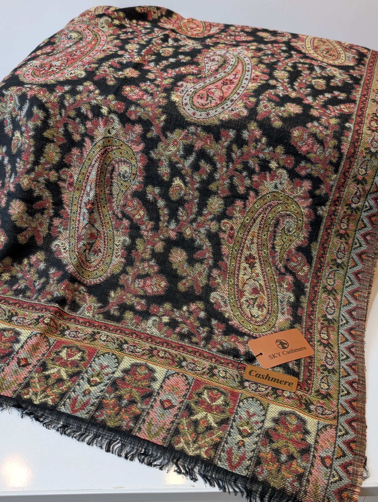 Kani Paisley Stole Sky Cashmere Acrylic Wool | Weaved Kani Wool Stole | Black