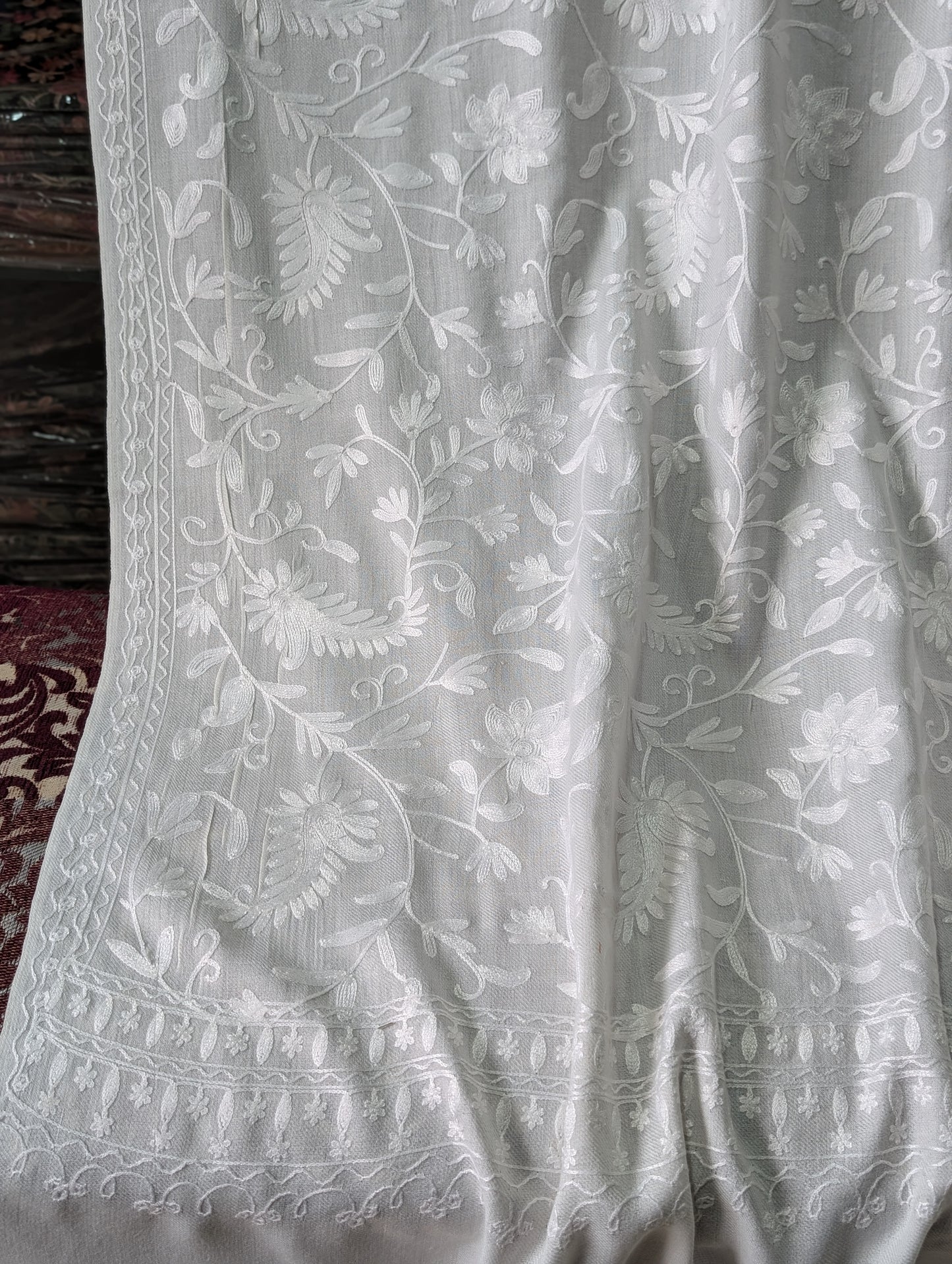 Pashmina Embroidered Shawl | Kashmiri Aar Work Embroidery Perfect Gift in Sale Price White