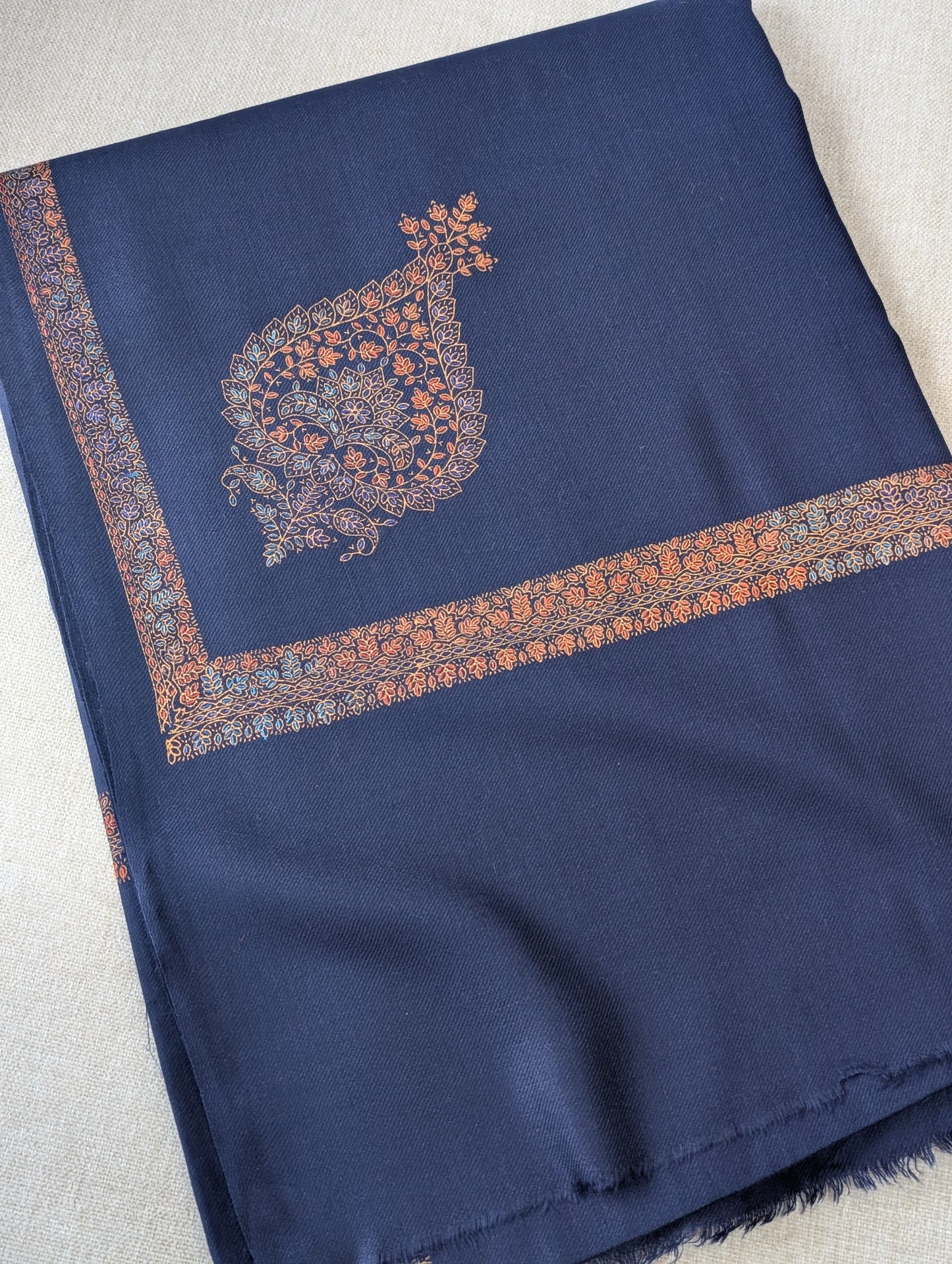 Pashmina Shawl Kingri Border Embroidery | Handmade Shawl Perfect Gift | Navy Blue
