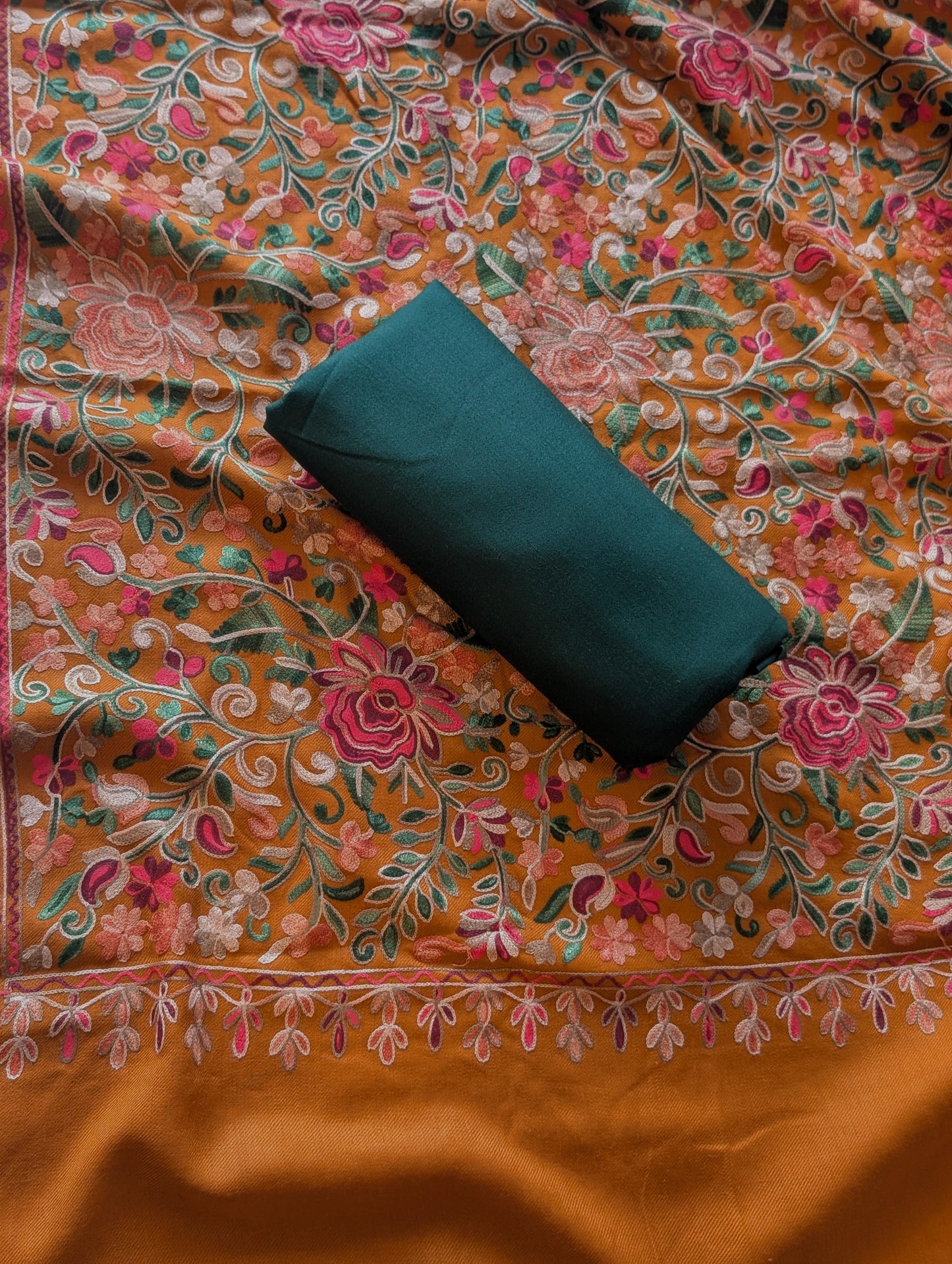 Pashmina 3 Piece Suit | Full Embroidered Gulabkar Shawl with Plain Suit Marina | Rust Shawl Green Suit