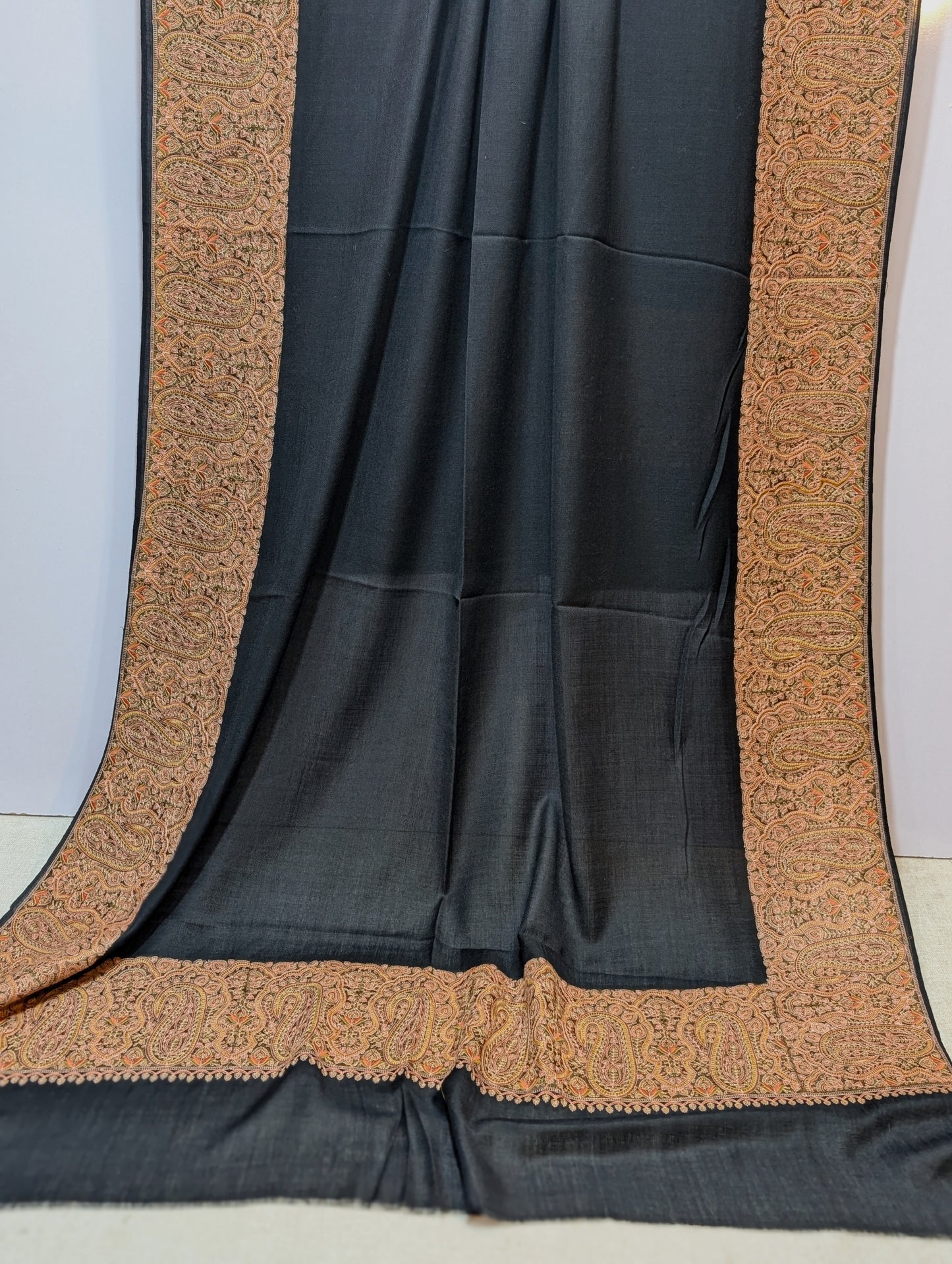 Kashmiri Shawl | Wide Border Papermache Embroidery Made in Kashmir Pure Pashmina | Black