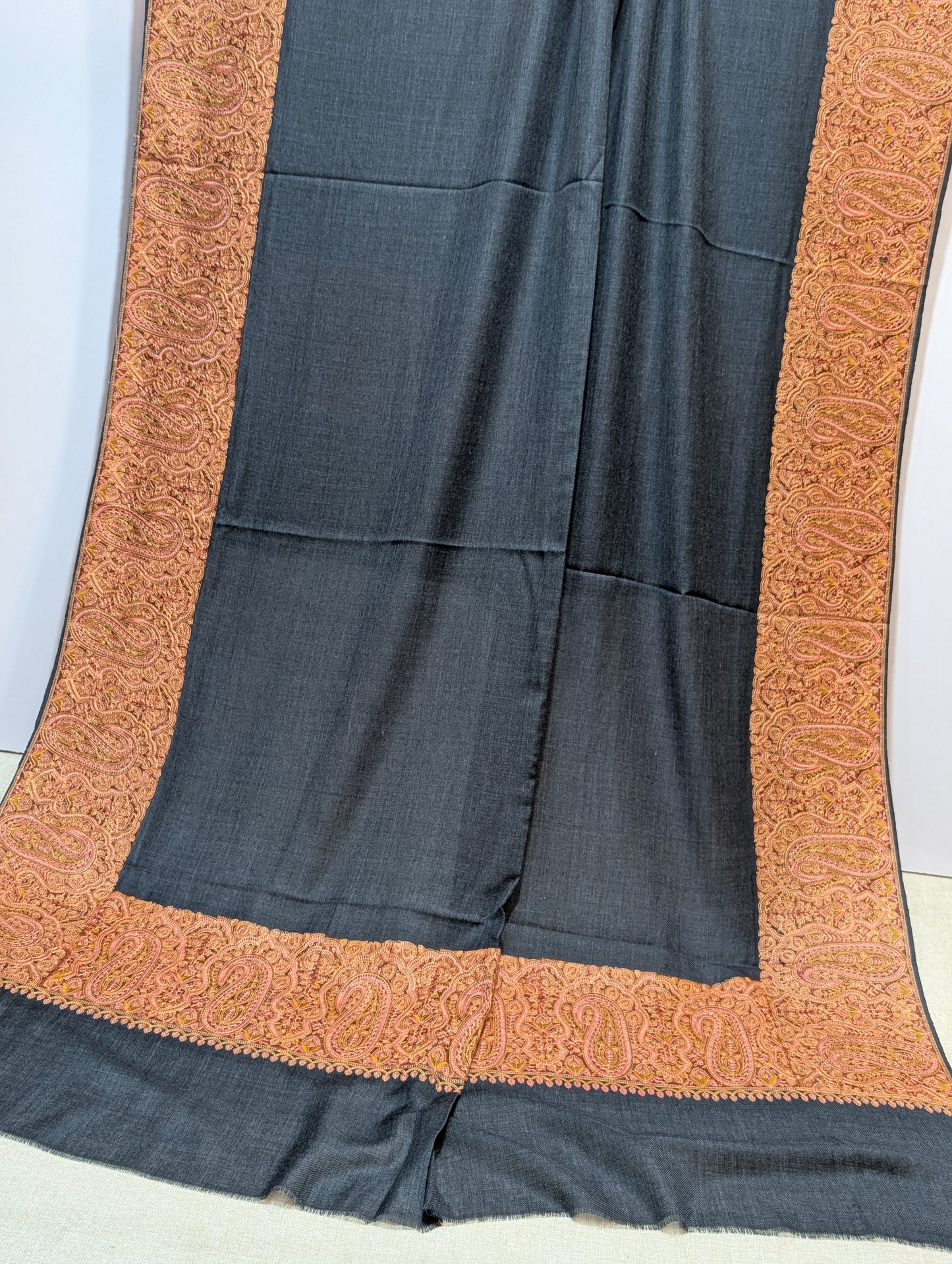 Kashmiri Shawl | Wide Border Papermache Embroidery Made in Kashmir Pure Pashmina| Dark Grey