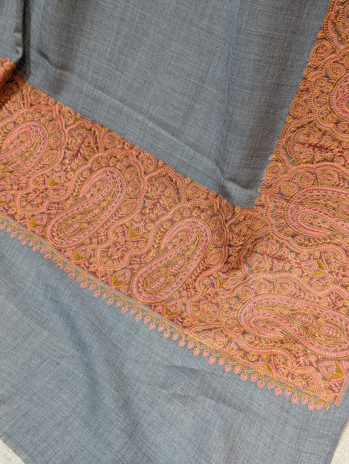 Kashmiri Shawl | Wide Border Papermache Embroidery Made in Kashmir Pure Pashmina| Light Grey