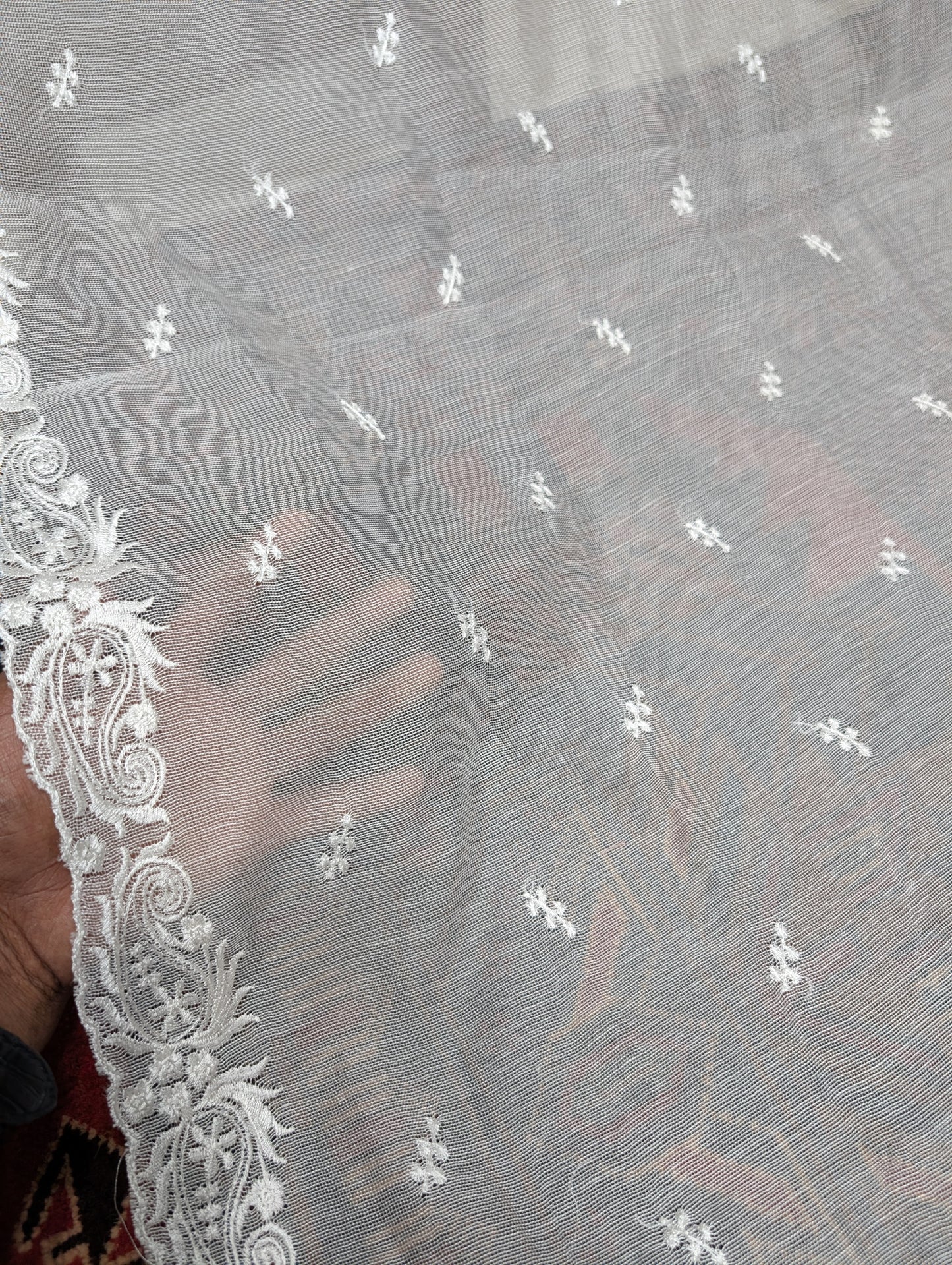 Cotton Net Embroidered Dupatta Border and Bouti Work
