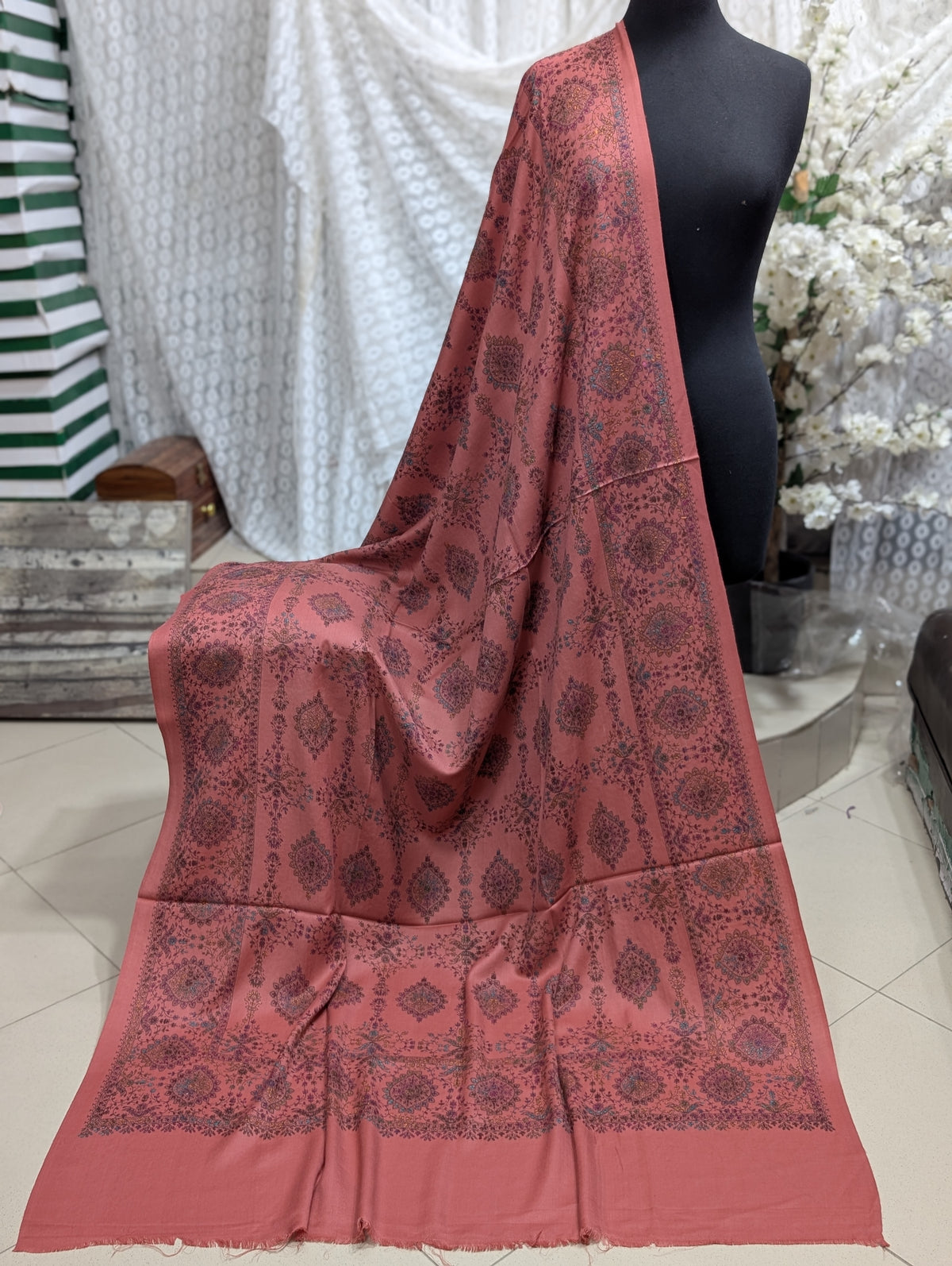 Pashmina Shawl | Hand Embroidery on Print Beautiful Shawl | Pink