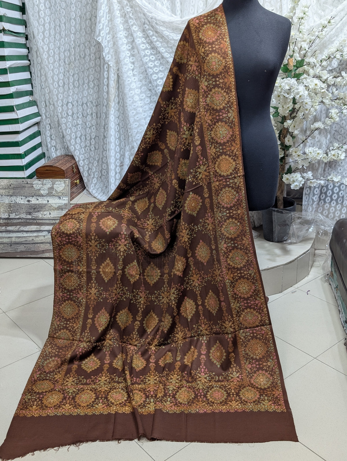Pashmina Shawl | Hand Embroidery on Print Beautiful Shawl | Choc Brown
