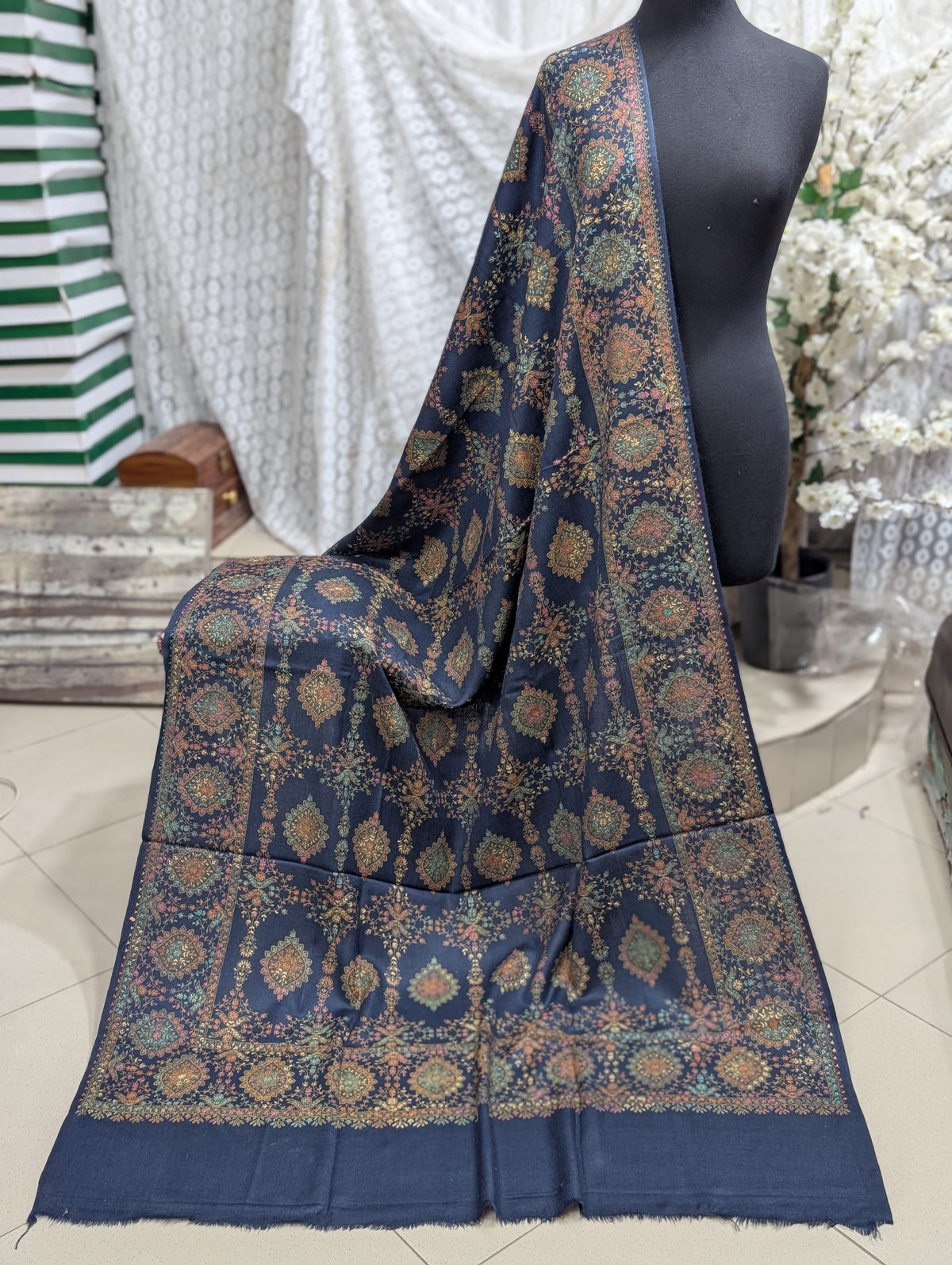 Pashmina Shawl | Hand Embroidery on Print Beautiful Shawl | Navy Blue