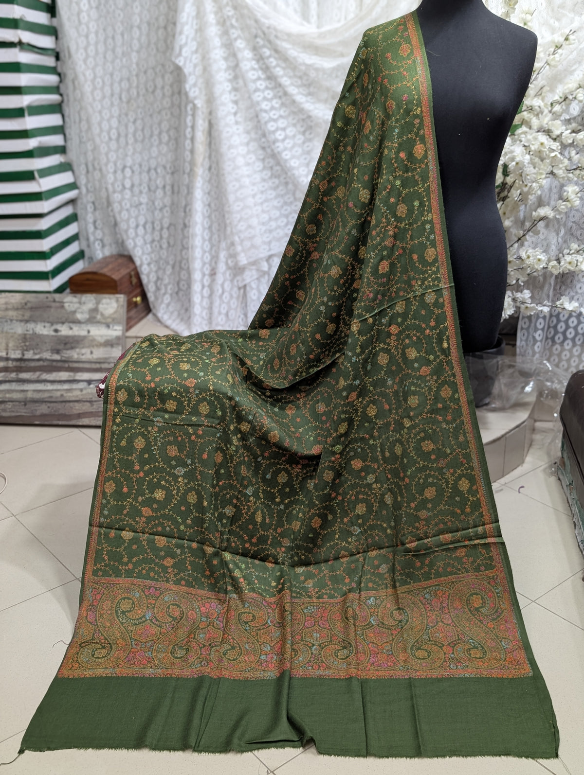 Pashmina Shawl | Hand Embroidery on Print Beautiful Shawl | Mehndi Green