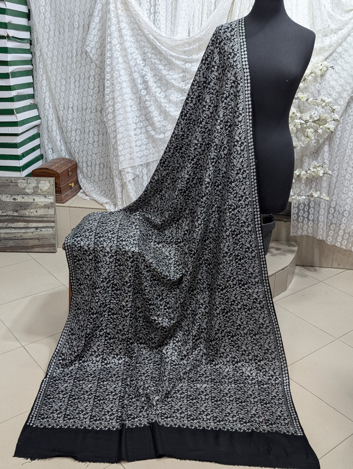 Pashmina Shawl Nalki Aar Work Full Embroidery Single Color Embroidery | Black