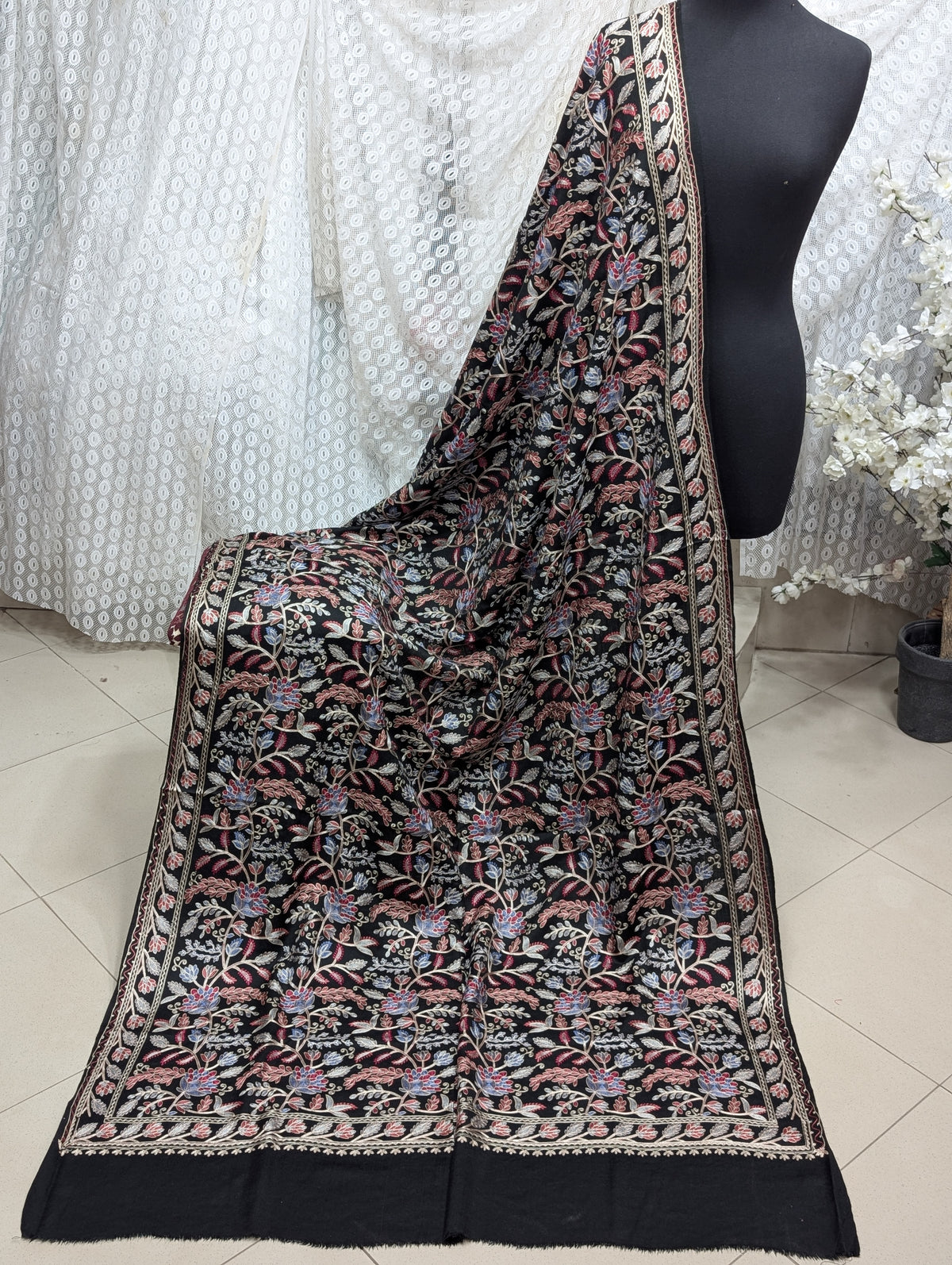 Kashmiri Jaal Shawl | Full Embroidered Shawl Resham Work Aar Embroidery | Black