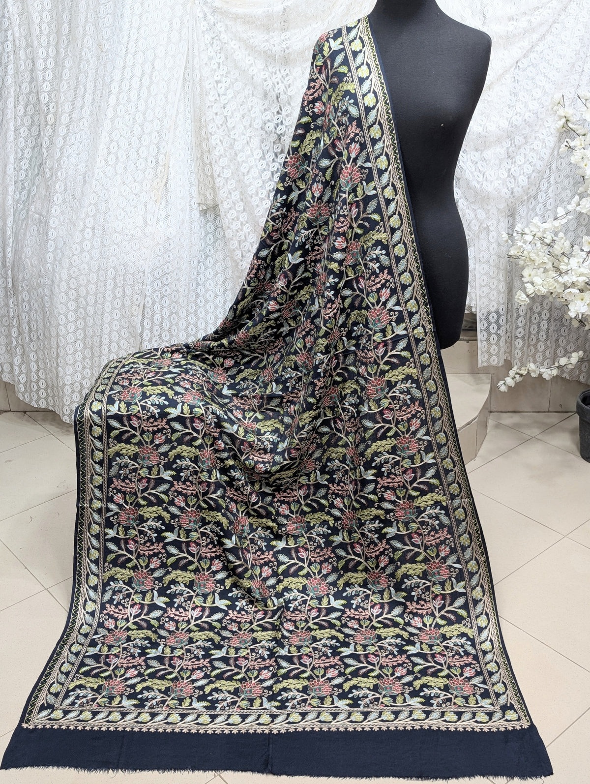 Kashmiri Jaal Shawl | Full Embroidered Shawl Resham Work Aar Embroidery | Blue