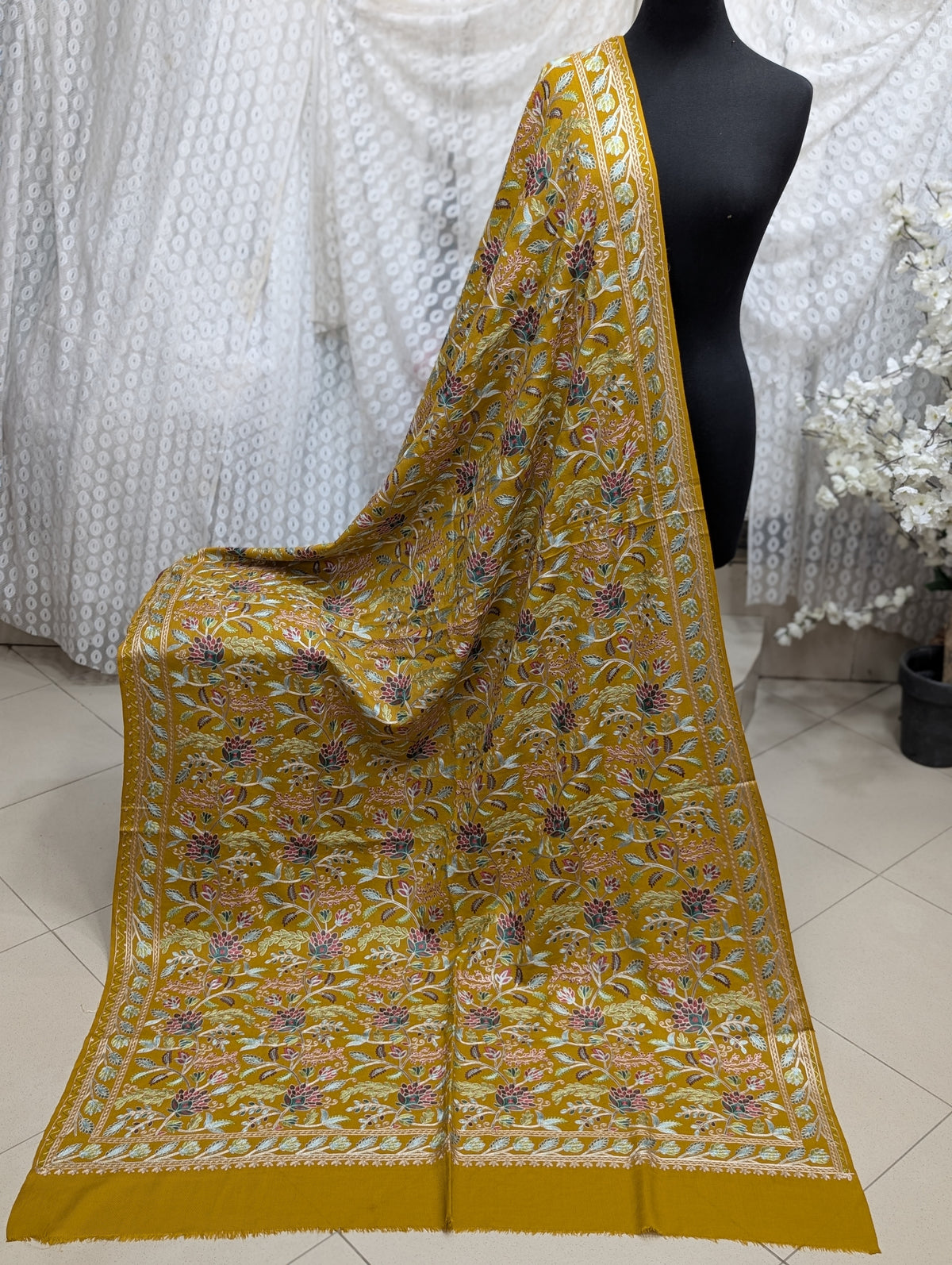Kashmiri Jaal Shawl | Full Embroidered Shawl Resham Work Aar Embroidery | Mustard
