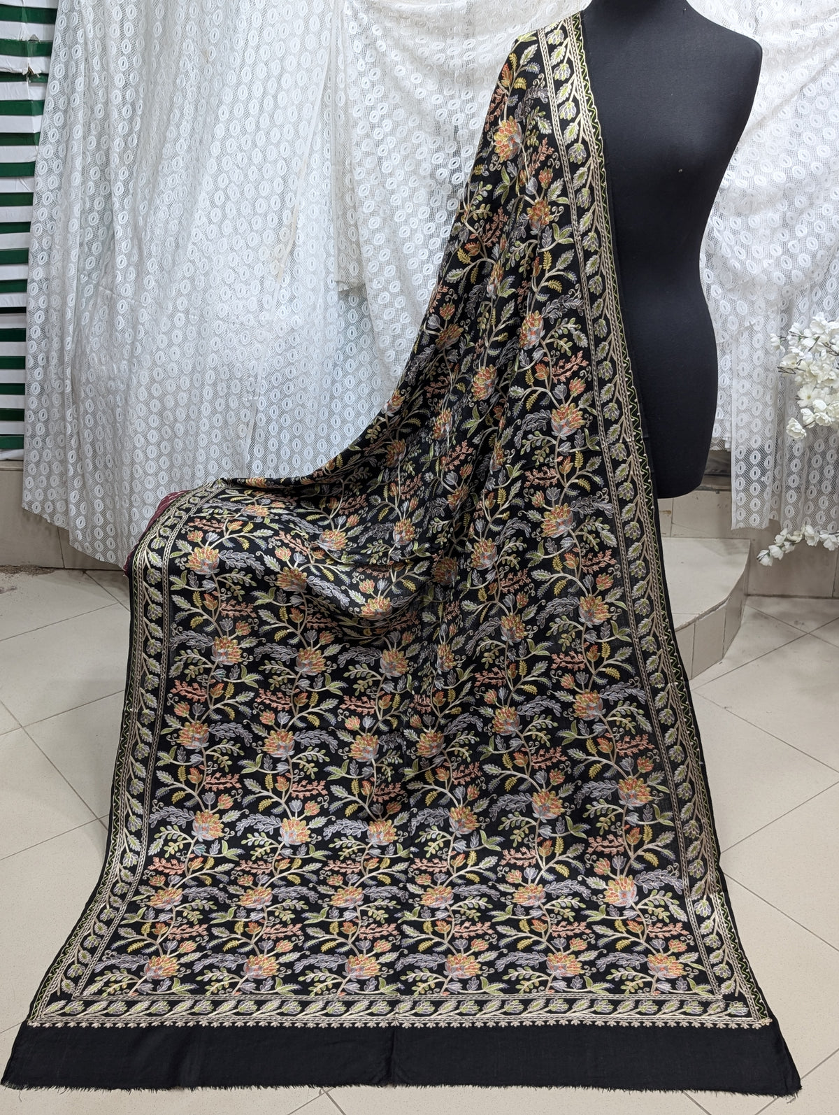 Kashmiri Jaal Shawl | Full Embroidered Shawl Resham Work Aar Embroidery | Black