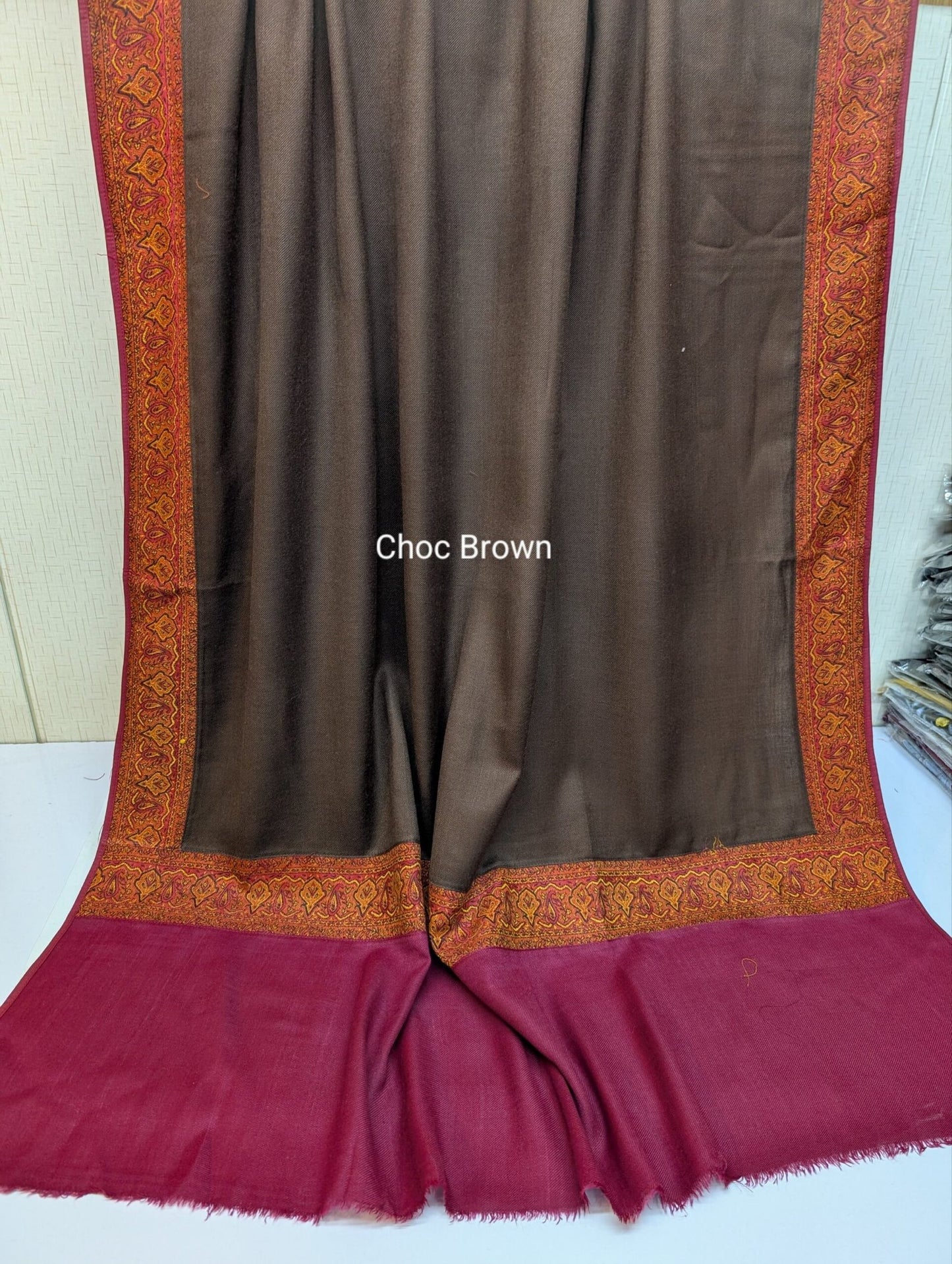 Kani Border Pashmina Shawl | Perfect Gift Item in Sale Price | Choc Brown