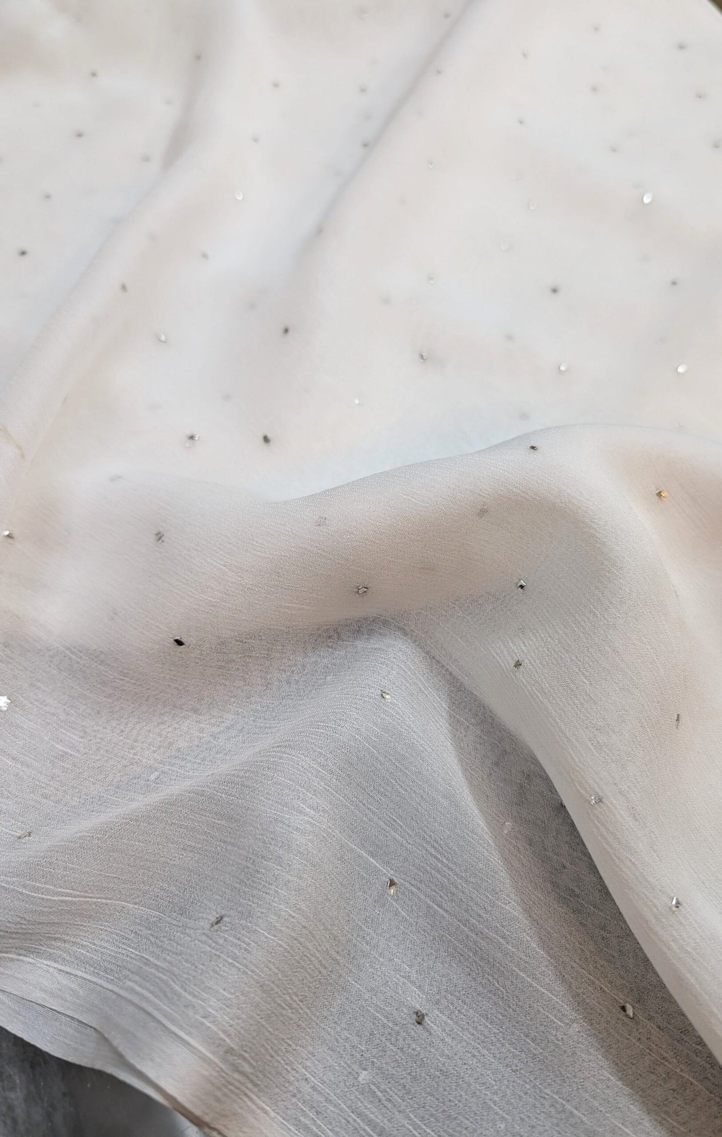 White Crinkle Chiffon Dupatta | Silver Mukesh Work