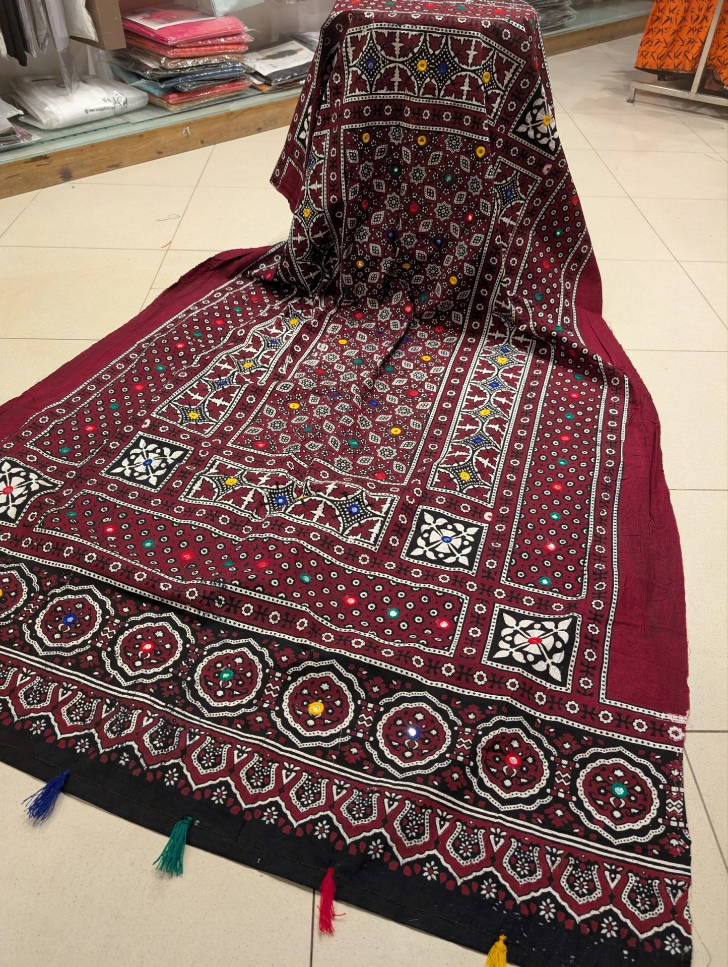 Ajrak Cotton Handmade Dupatta Embroidered | Maroon