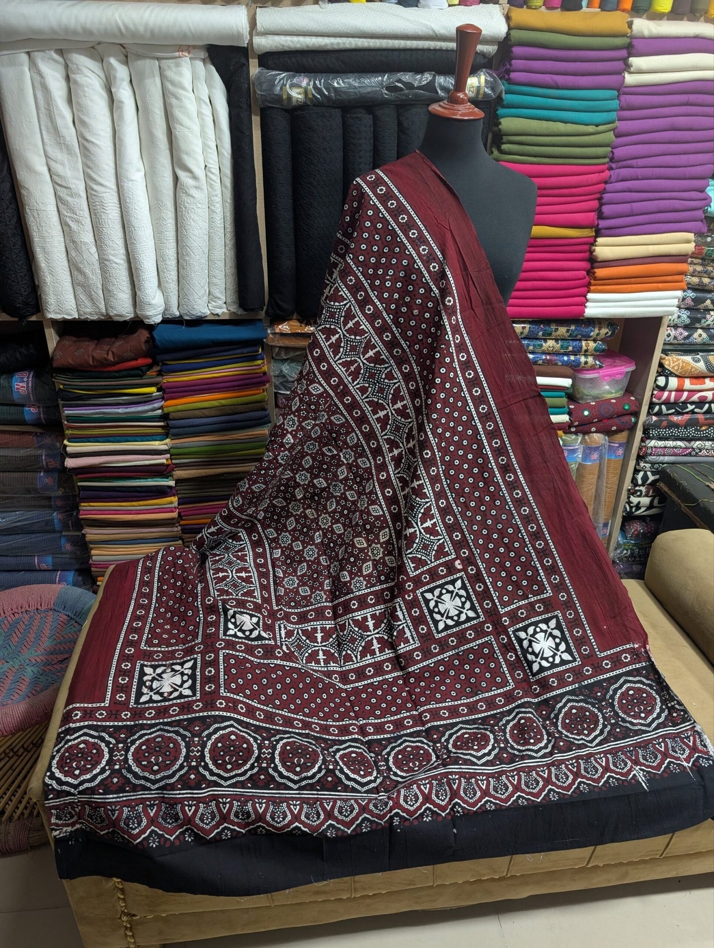 Ajrak Cotton Handmade Block Printed Dupatta | Maroon