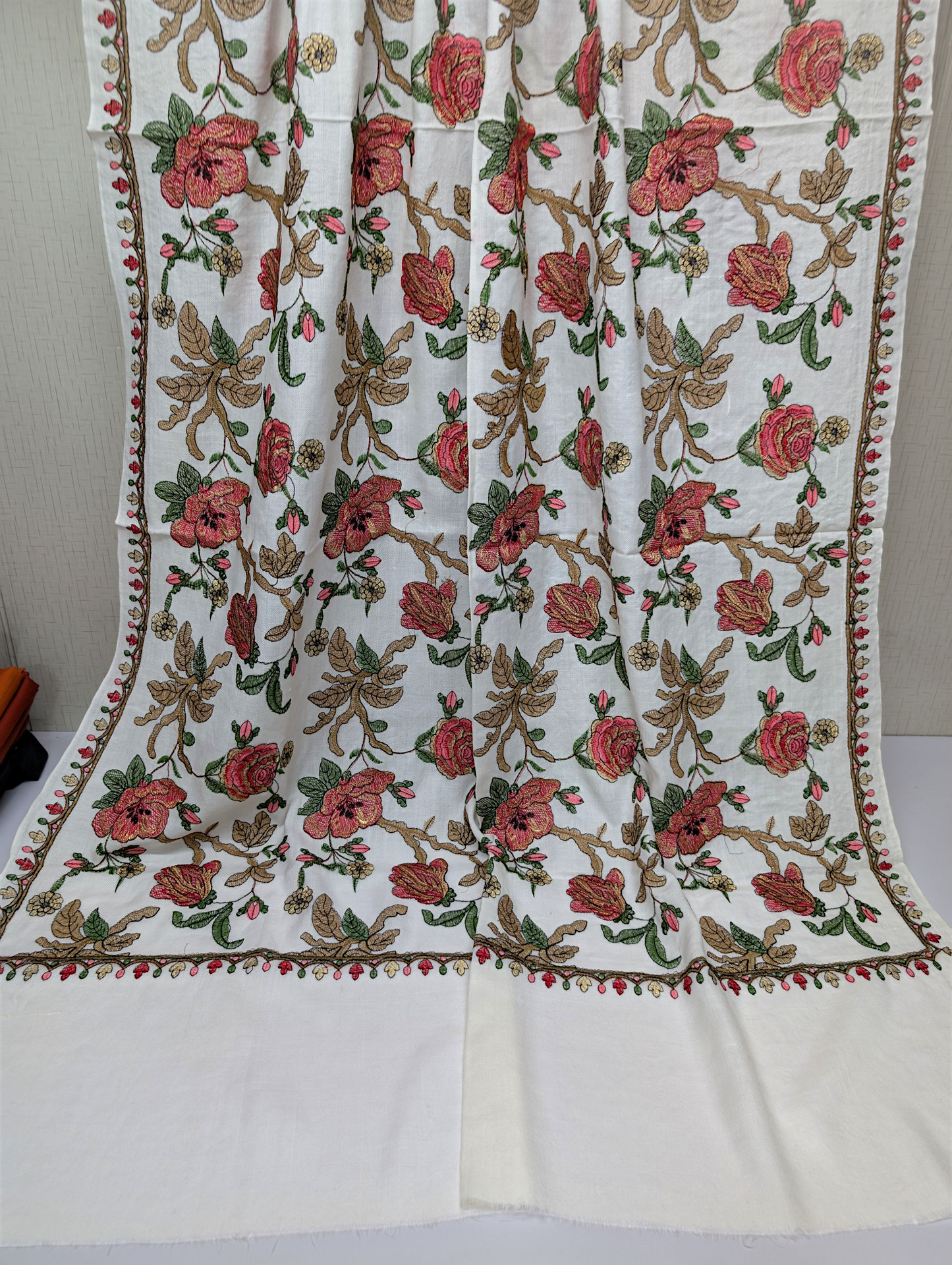 Gulabkar Pashmina Embroidered Shawl Fancy Tilla and Thread Work Perfect Gift | White