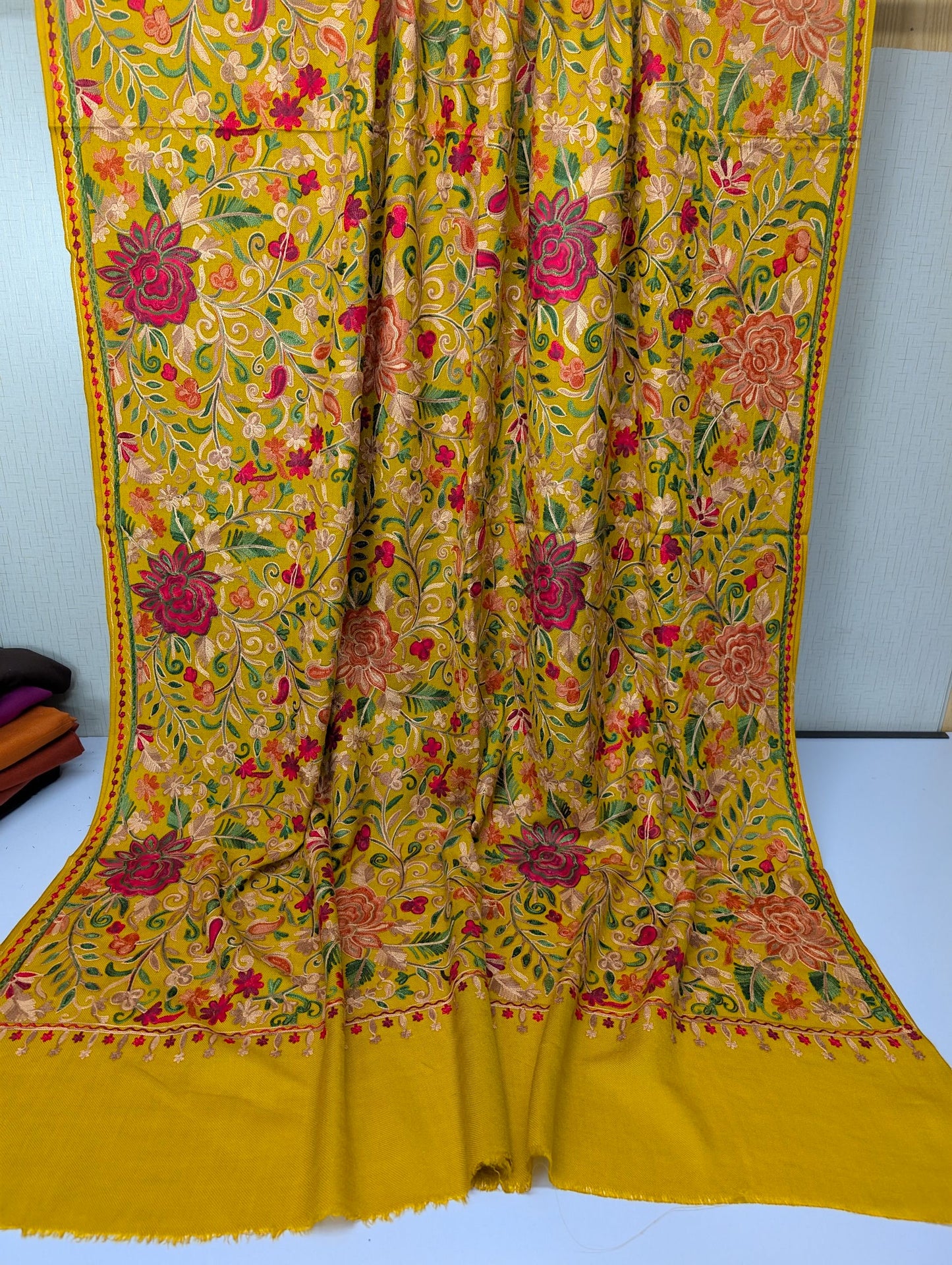Pashmina Shawl Full Size | Kashmiri Embroidery | Mustard