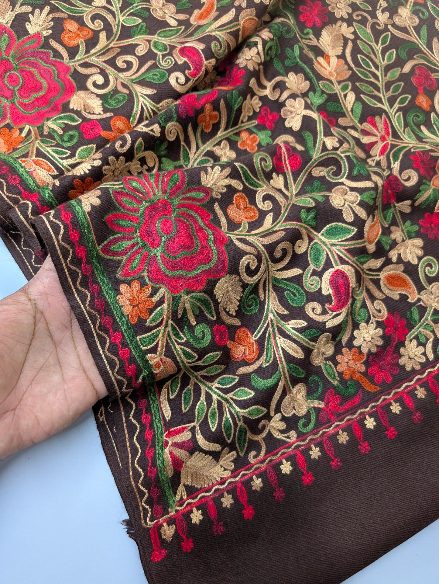 Pashmina Shawl Full Size | Kashmiri Embroidery | Brown