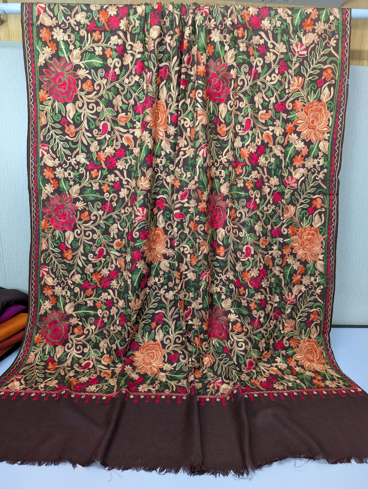 Pashmina Shawl Full Size | Kashmiri Embroidery | Brown