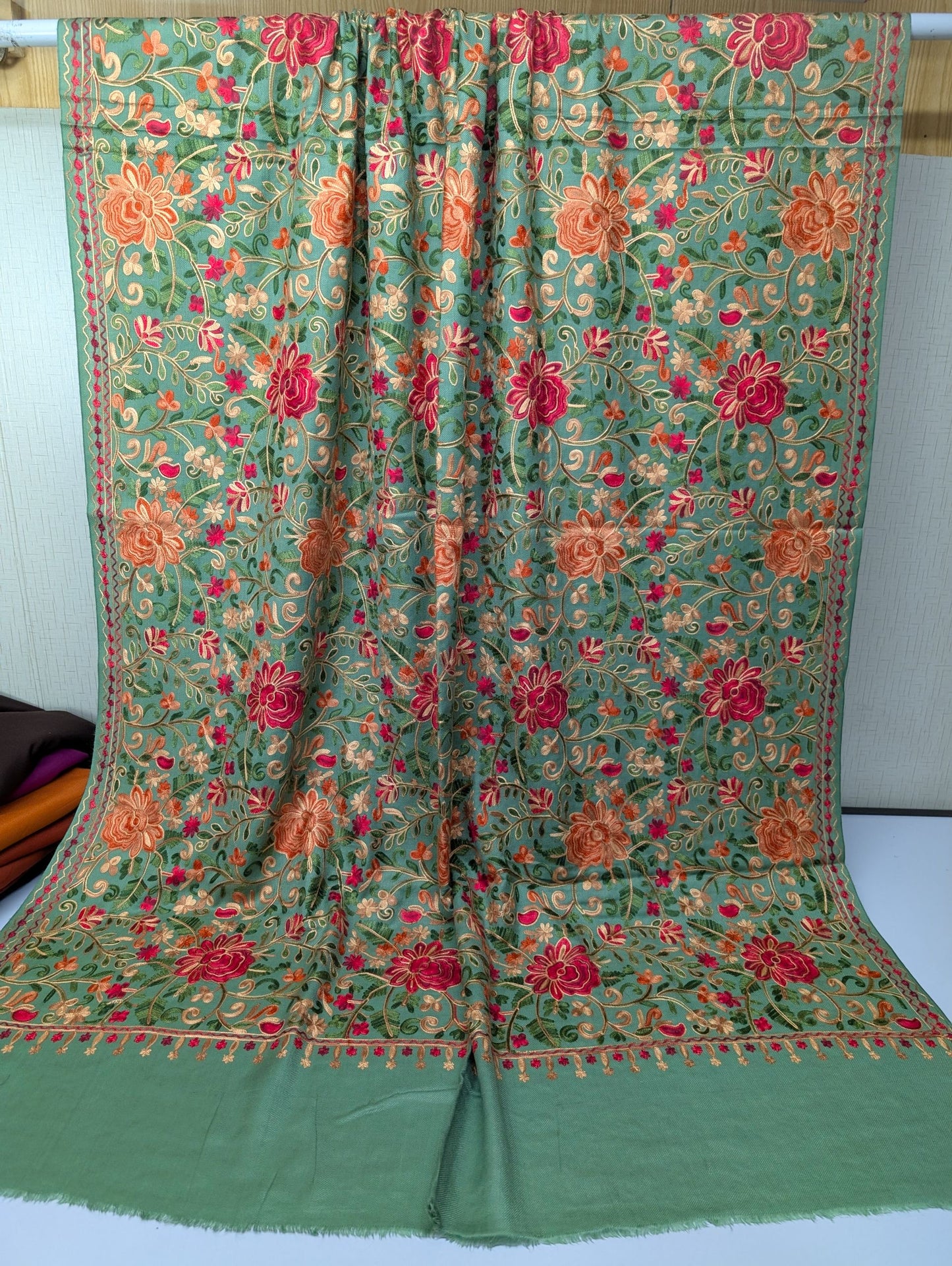 Pashmina Shawl Full Size | Kashmiri Embroidery | Pista Green