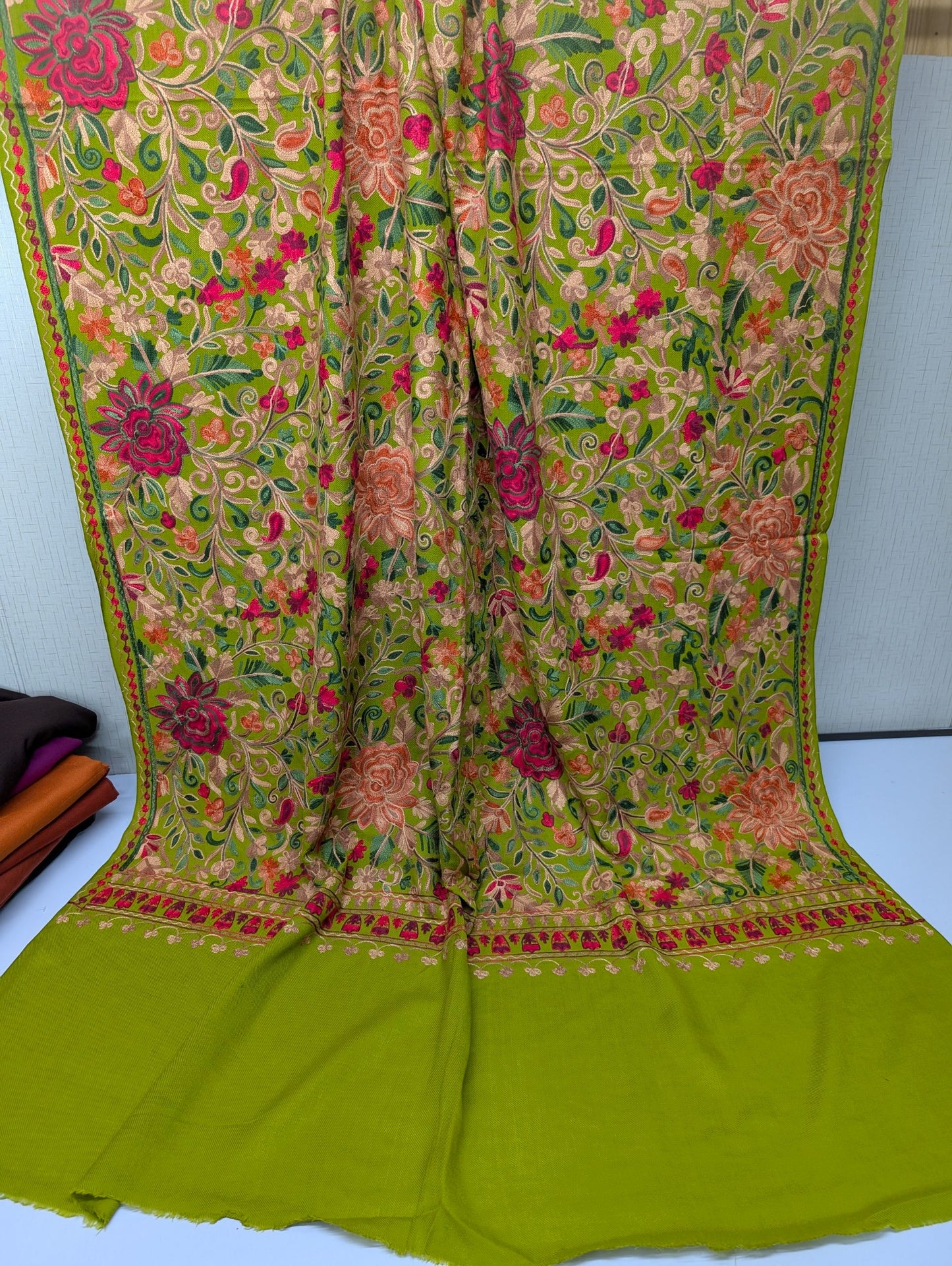 Pashmina Shawl Full Size | Kashmiri Embroidery | Parrot Green