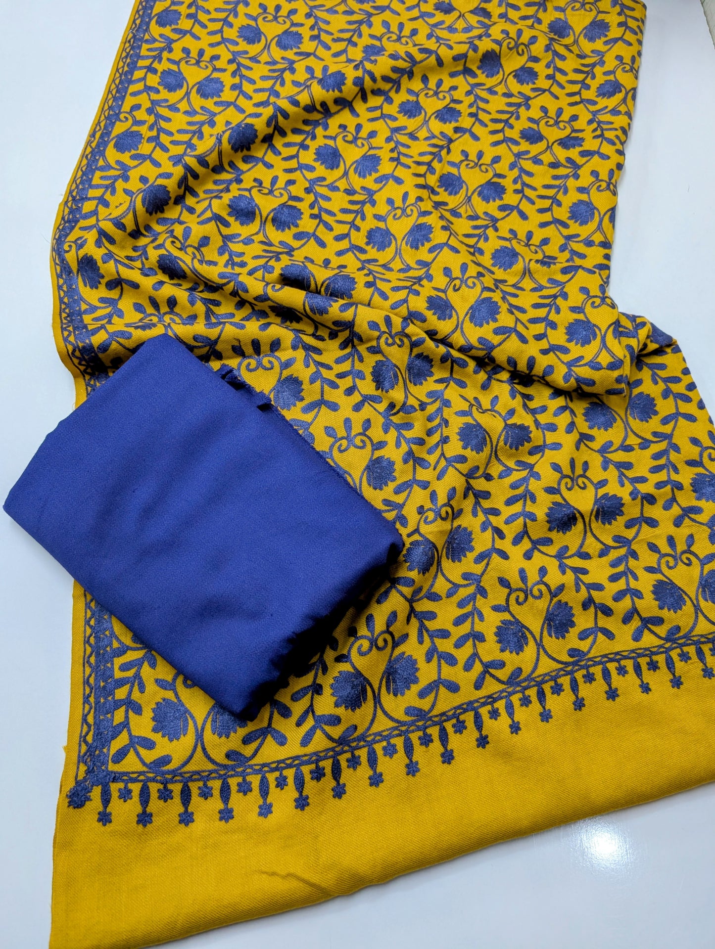 Pashmina 3 Piece Suit | Embroidered Shawl with Plain Suit Marina