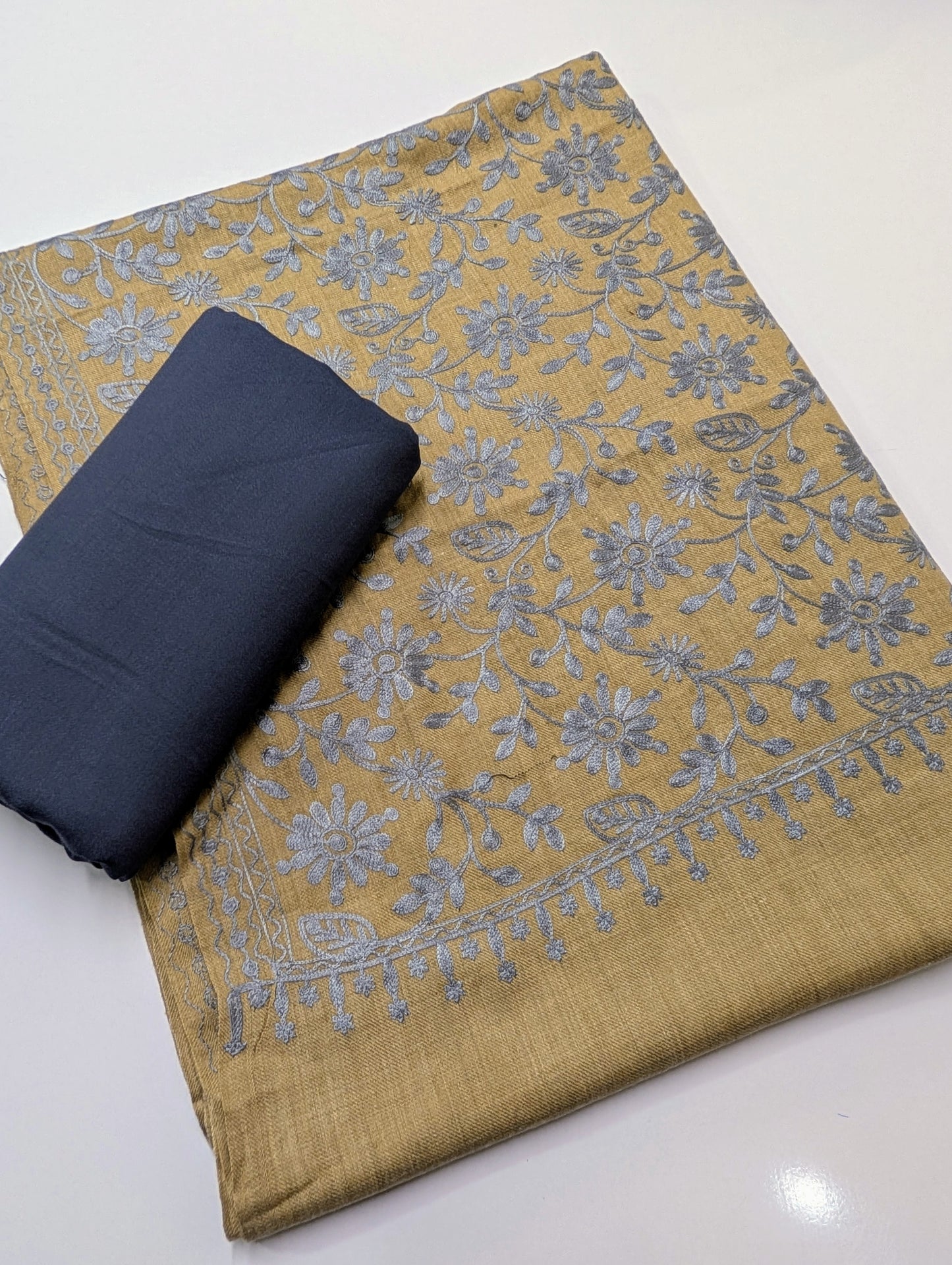 Pashmina 3 Piece Suit | Embroidered Shawl with Plain Suit Marina