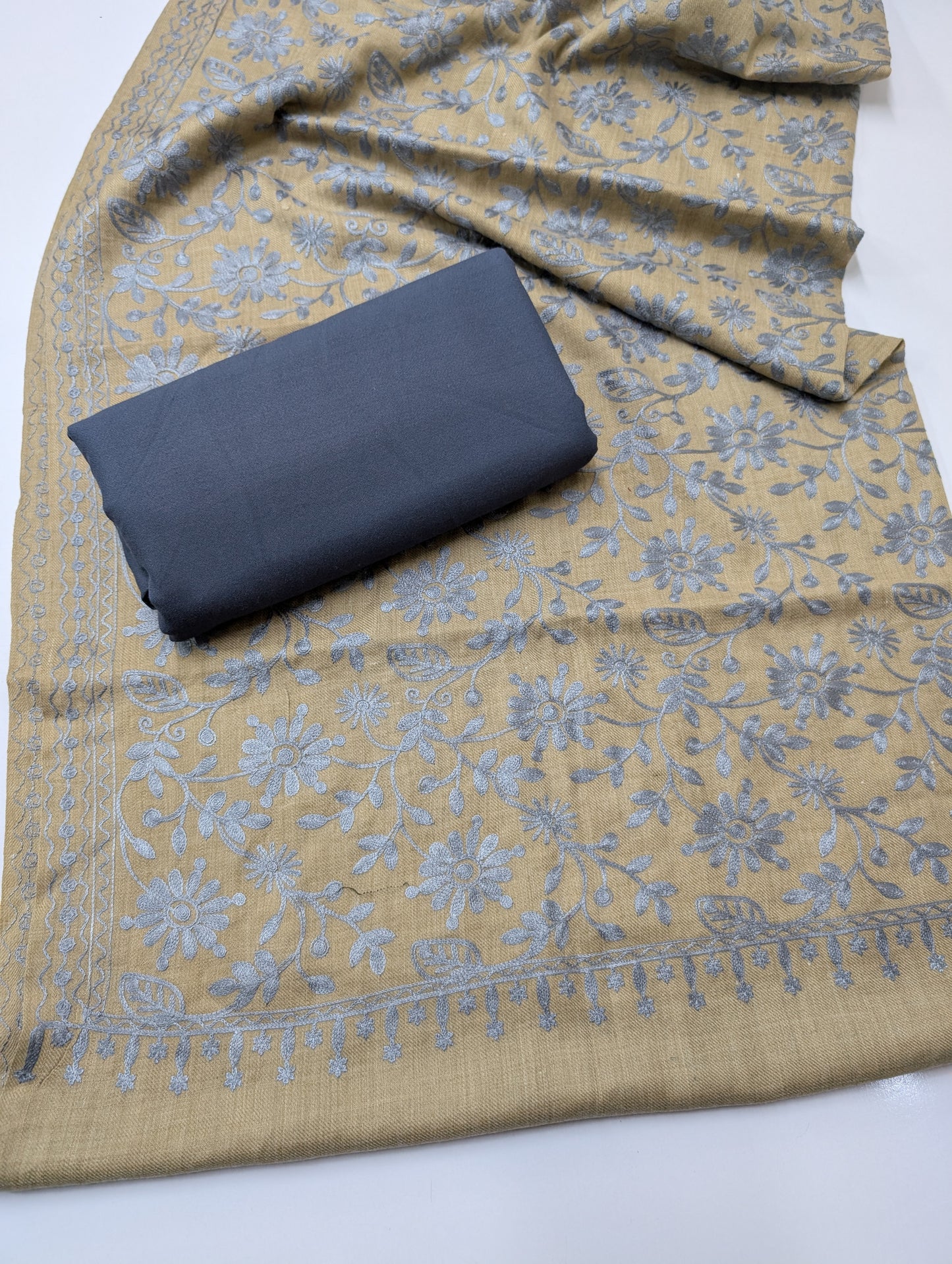 Pashmina 3 Piece Suit | Embroidered Shawl with Plain Suit Marina