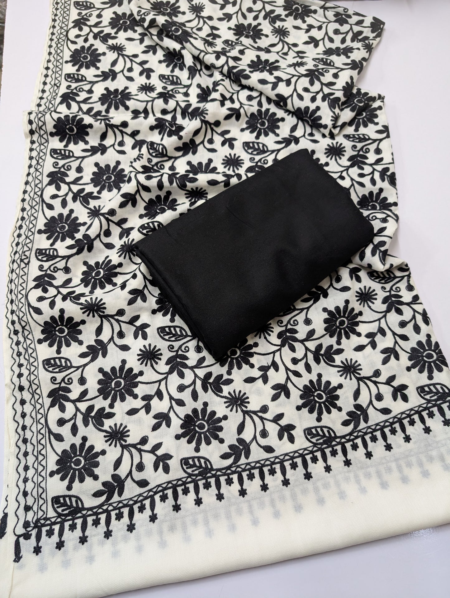 Pashmina 3 Piece Suit | Embroidered Shawl with Plain Suit Marina