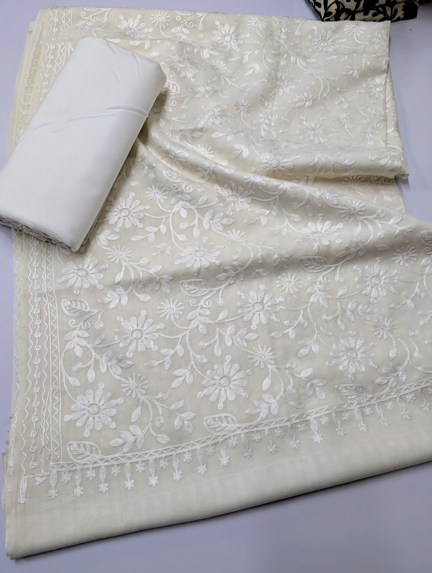 Pashmina 3 Piece Suit | Embroidered Shawl with Plain Suit Marina