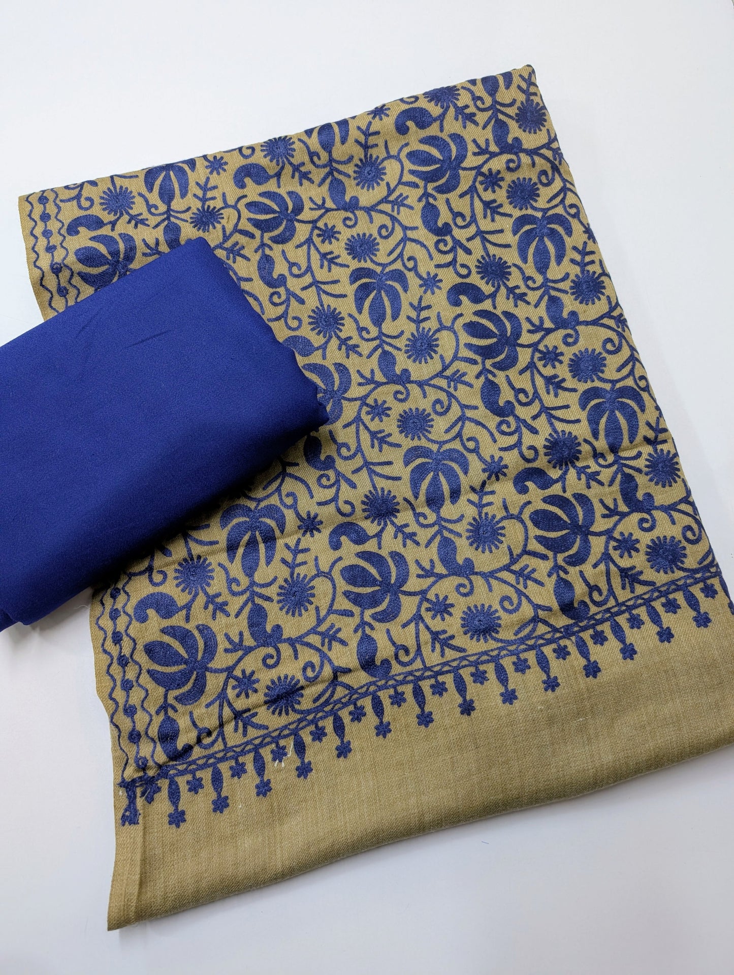 Pashmina 3 Piece Suit | Embroidered Shawl with Plain Suit Marina