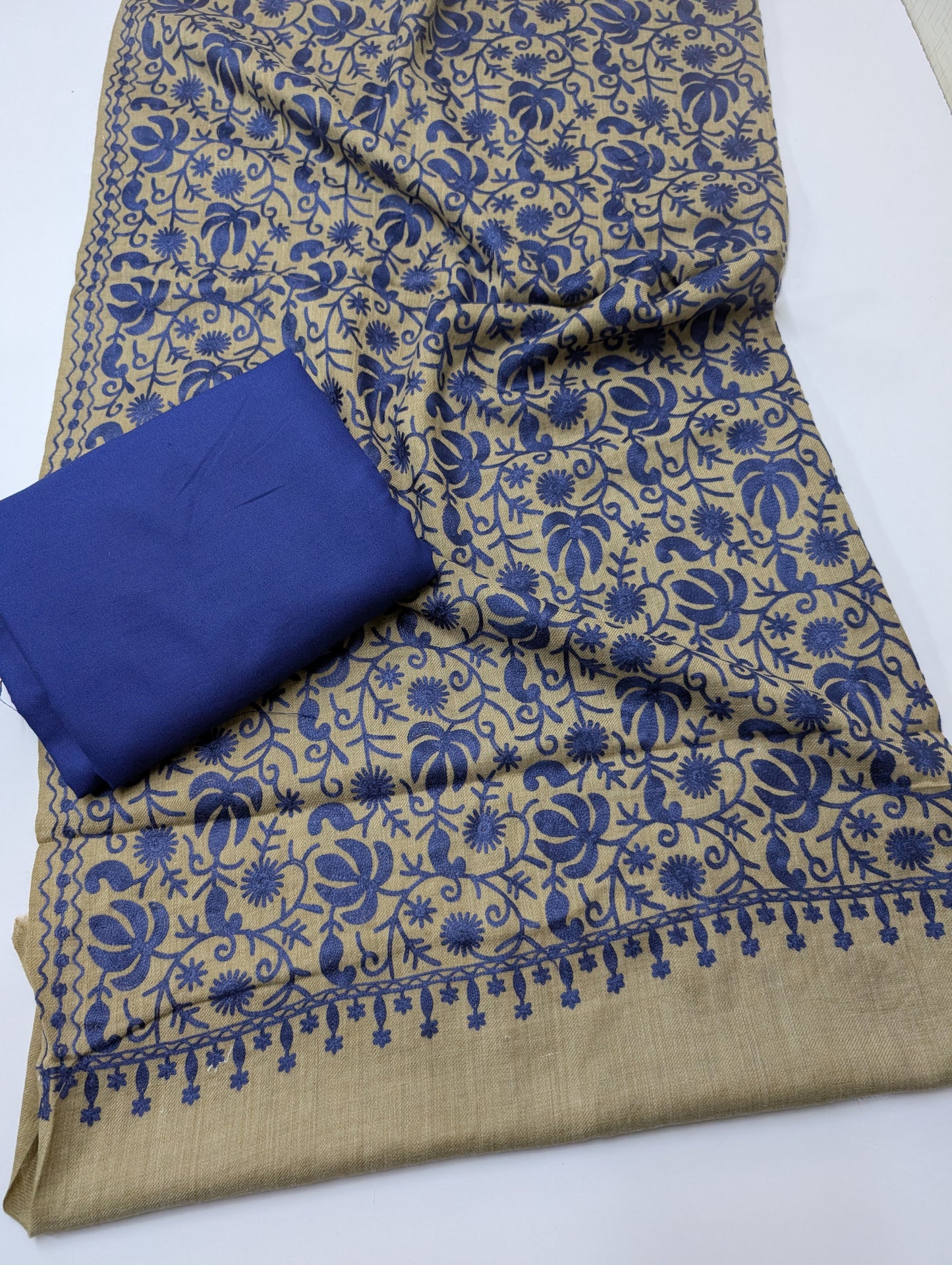 Pashmina 3 Piece Suit | Embroidered Shawl with Plain Suit Marina