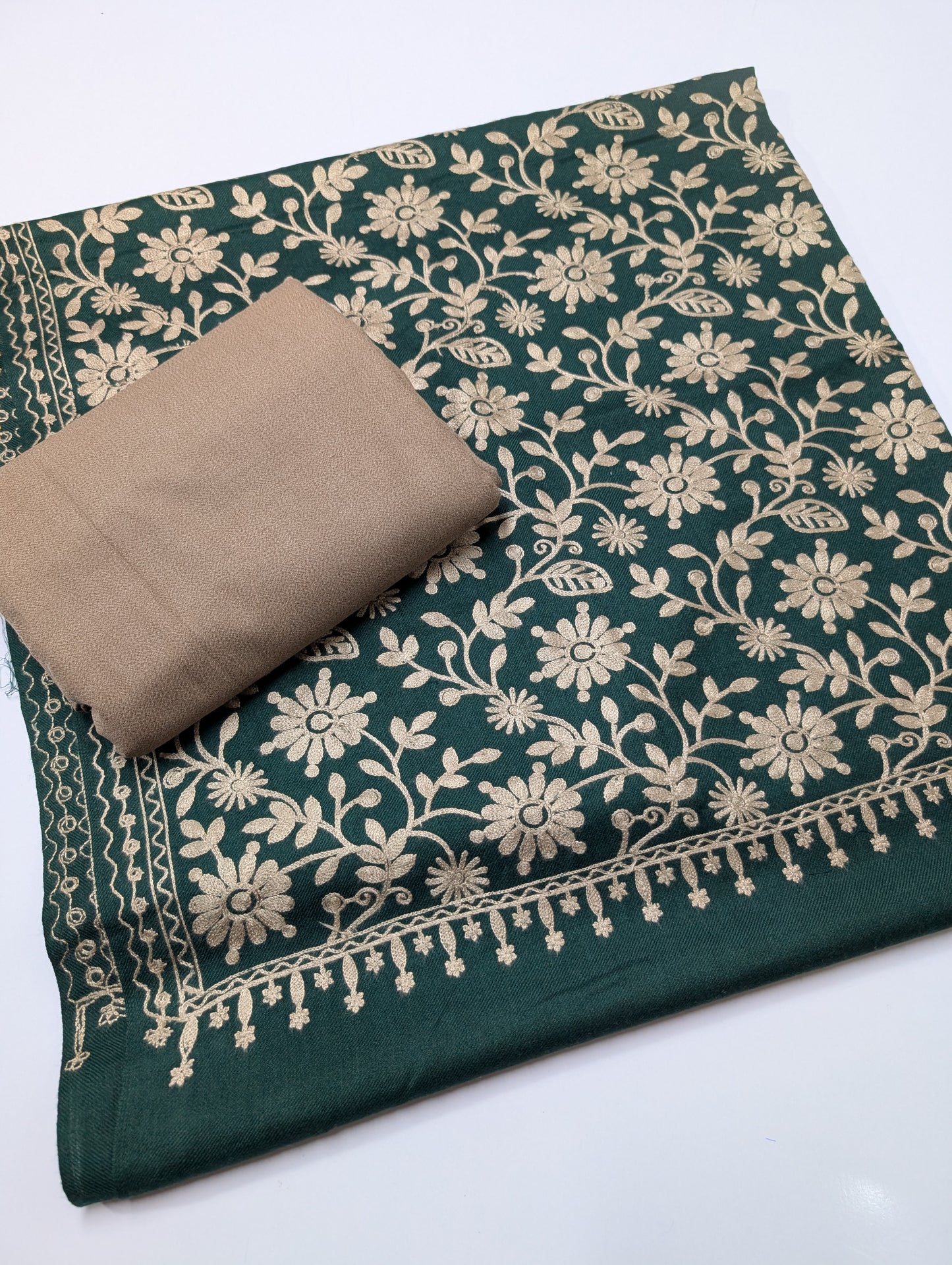 Pashmina 3 Piece Suit | Embroidered Shawl with Plain Suit Marina