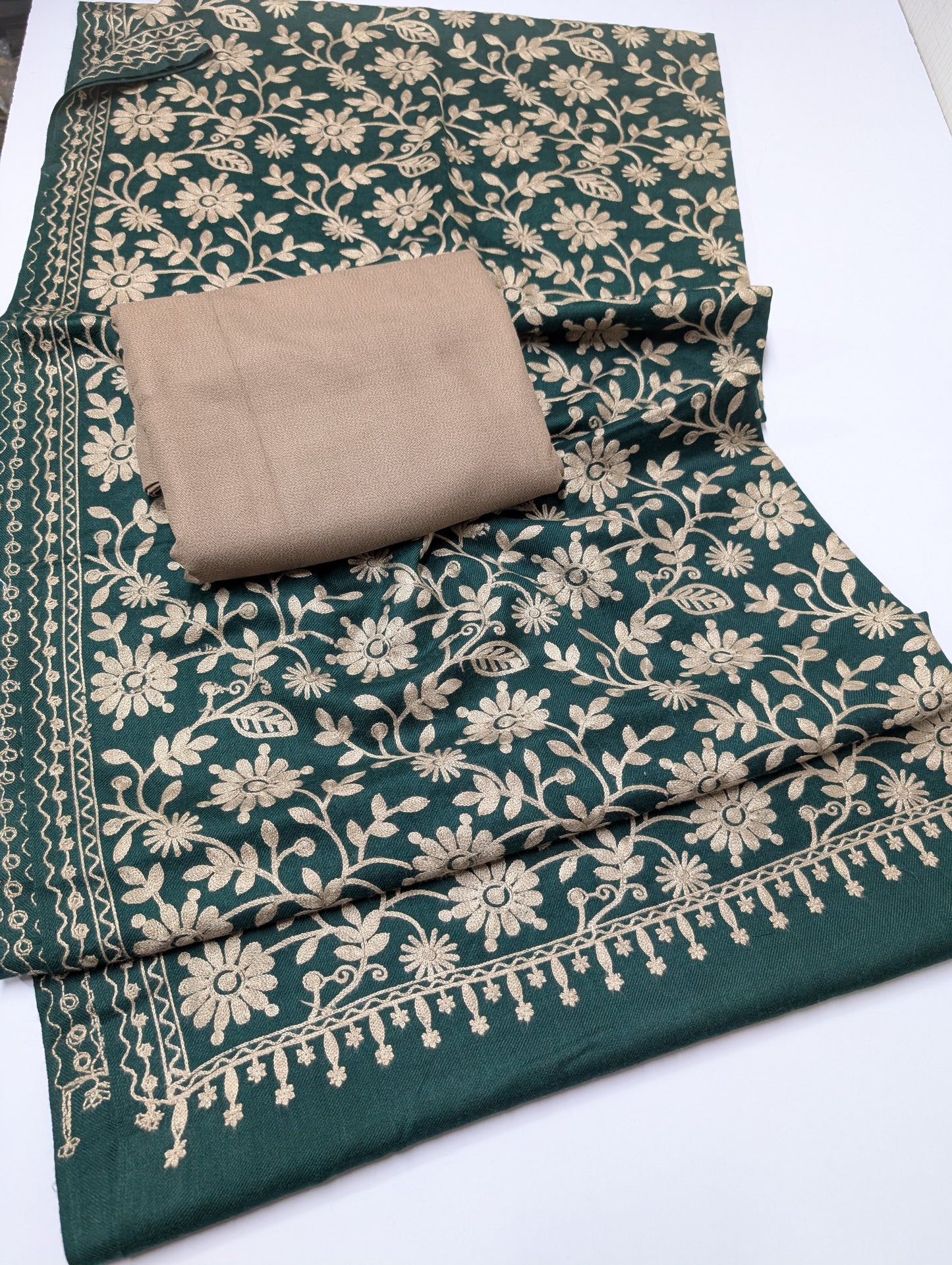 Pashmina 3 Piece Suit | Embroidered Shawl with Plain Suit Marina