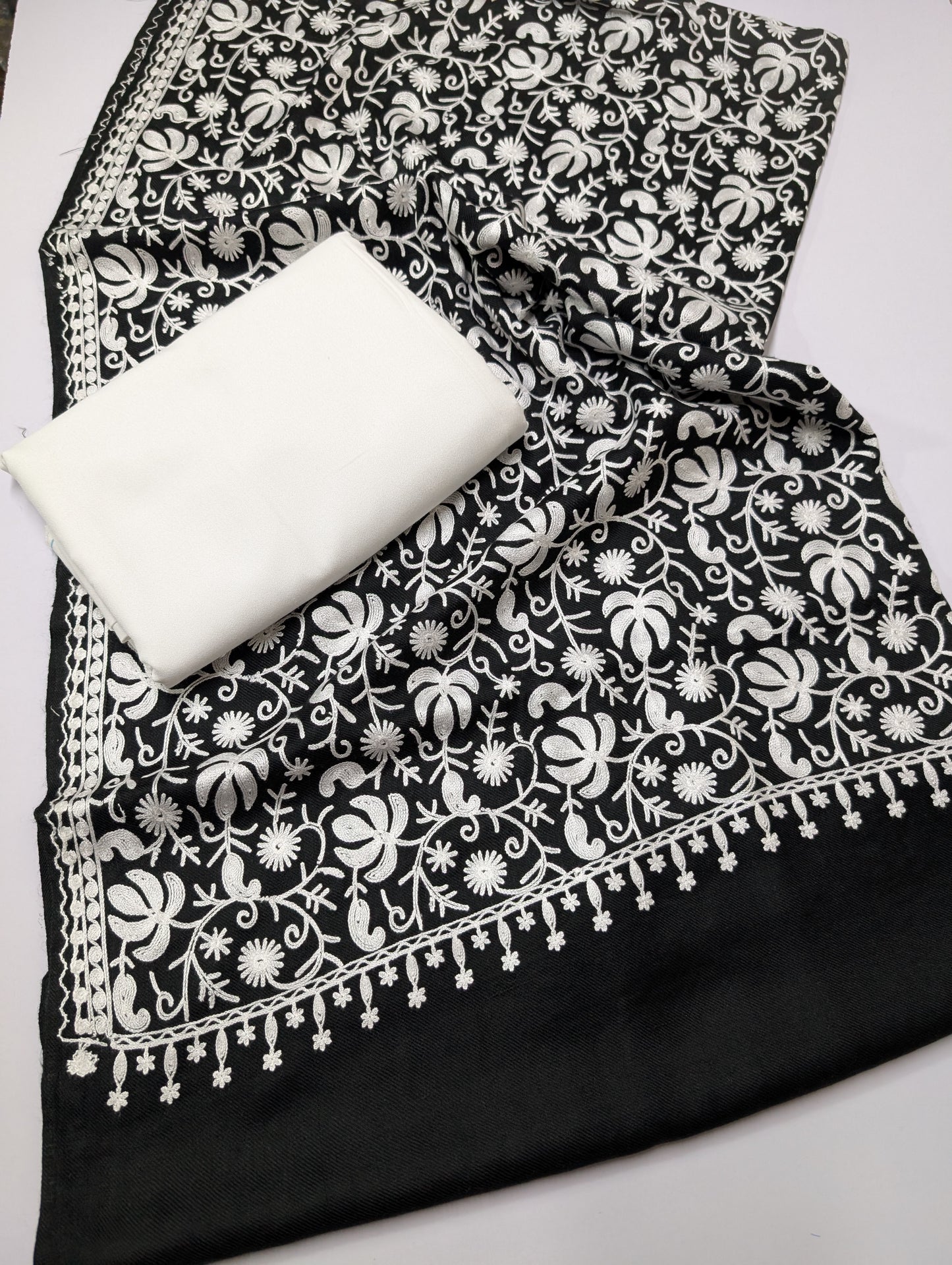 Pashmina 3 Piece Suit | Embroidered Shawl with Plain Suit Marina