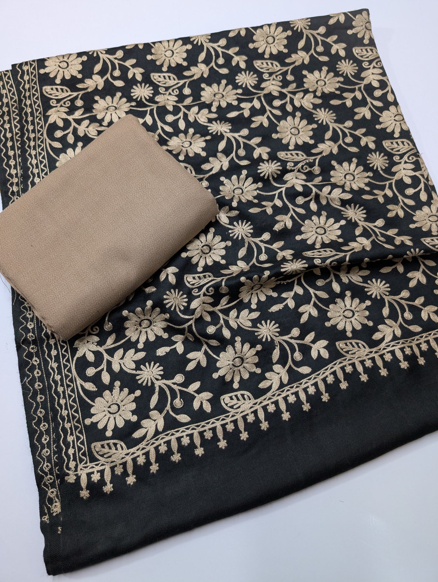 Pashmina 3 Piece Suit | Embroidered Shawl with Plain Suit Marina
