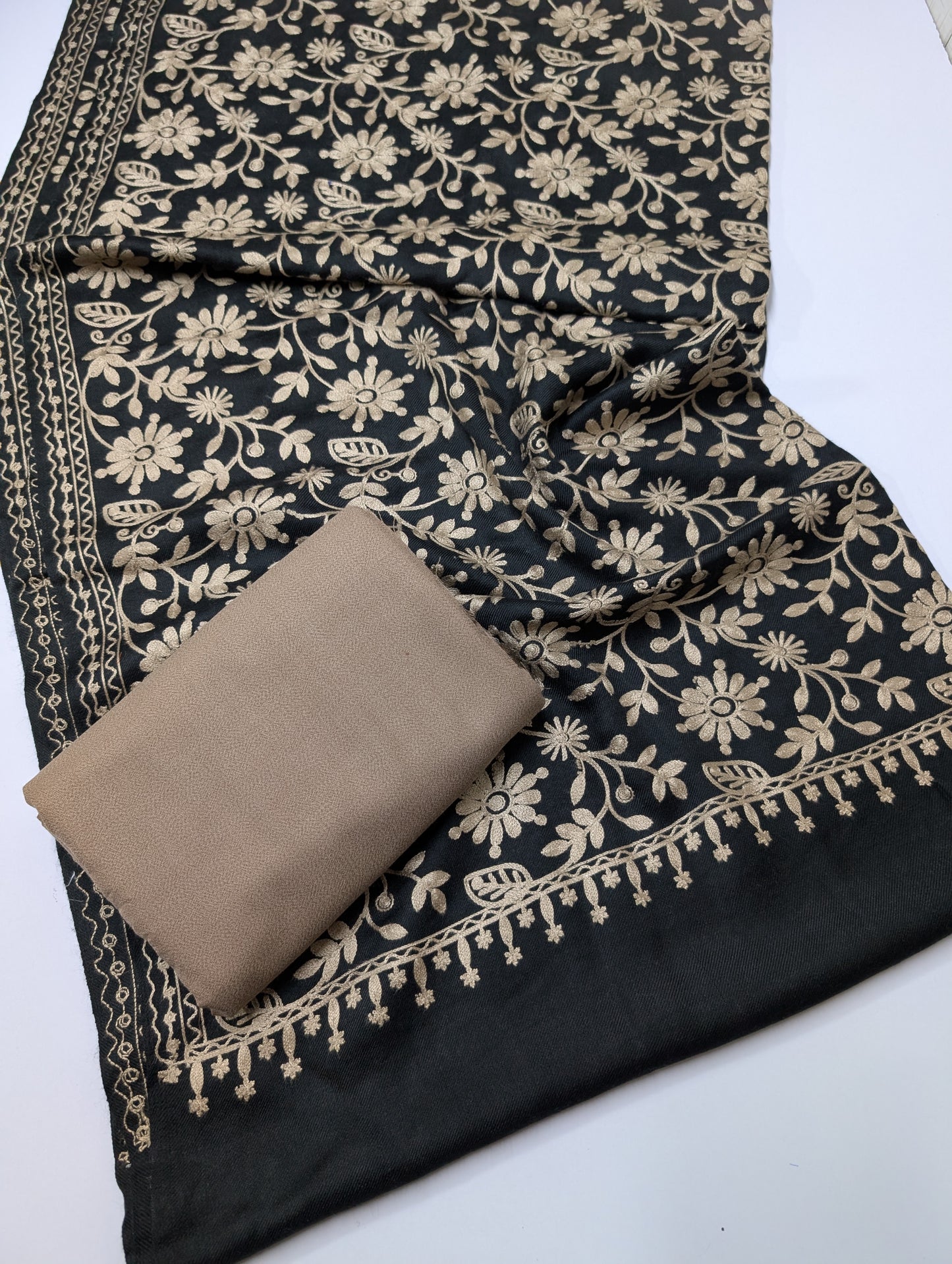 Pashmina 3 Piece Suit | Embroidered Shawl with Plain Suit Marina