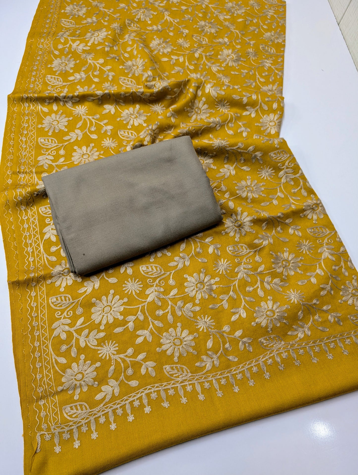Pashmina 3 Piece Suit | Embroidered Shawl with Plain Suit Marina