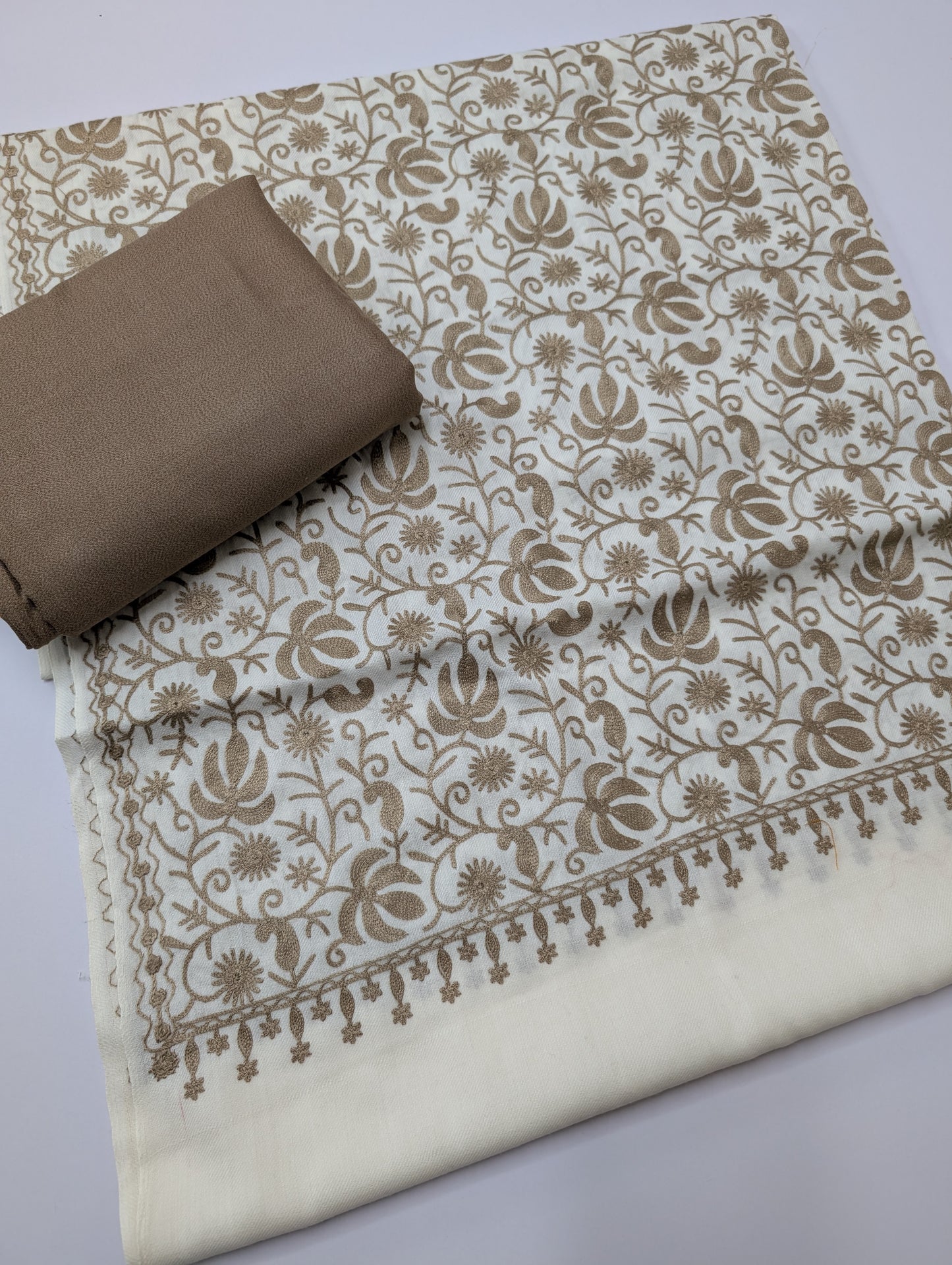Pashmina 3 Piece Suit | Embroidered Shawl with Plain Suit Marina