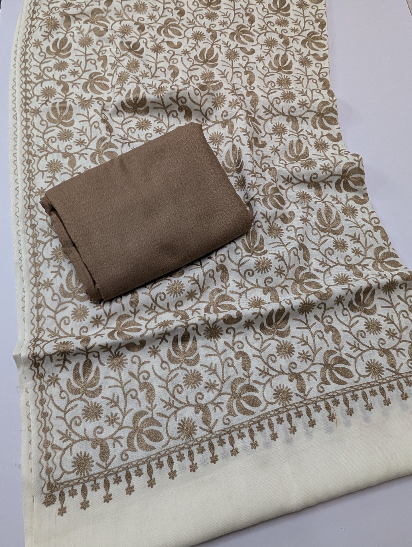Pashmina 3 Piece Suit | Embroidered Shawl with Plain Suit Marina
