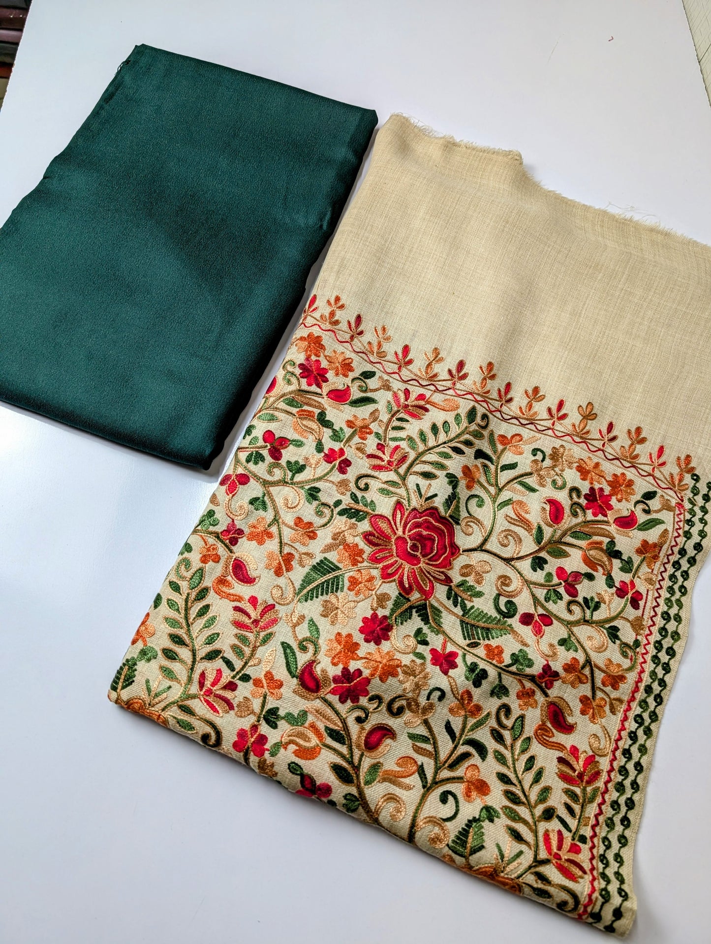 Pashmina 3 Piece Suit | Full Embroidered Gulabkar Shawl with Plain Suit Marina | Skin