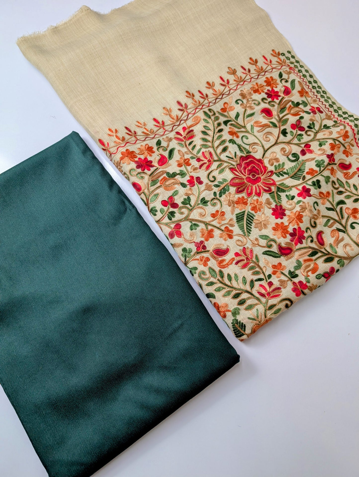 Pashmina 3 Piece Suit | Full Embroidered Gulabkar Shawl with Plain Suit Marina | Skin