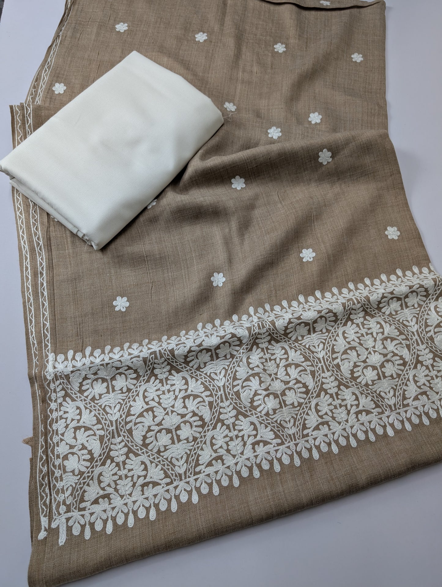 Pashmina 3 Piece Suit | Embroidered Shawl with Plain Suit Marina